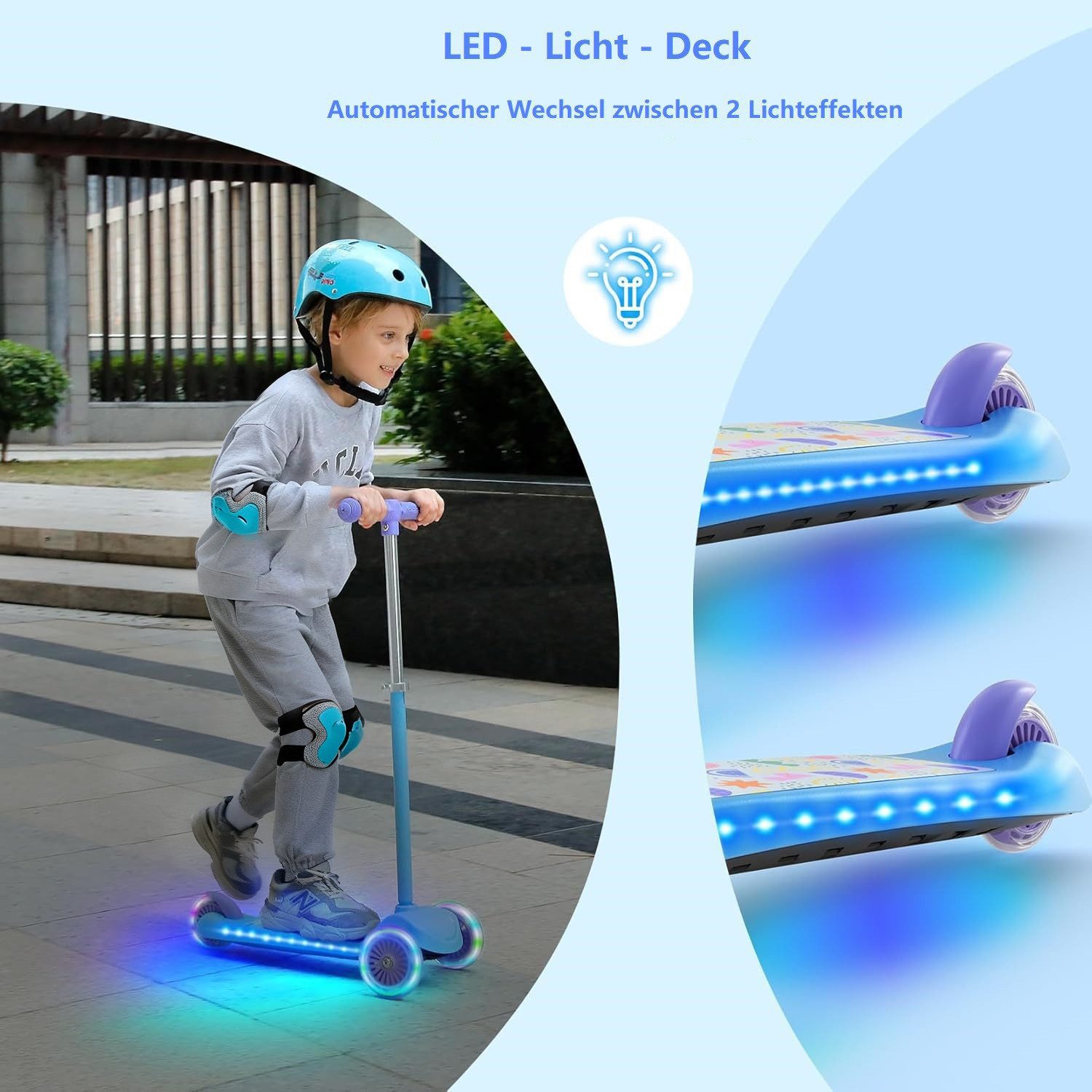 BremToy Dreiradscooter Höhenverstellbare Kinderroller mit leuchtendem Deck und PU-LED Rädern