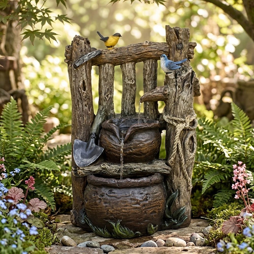 Harms Import Gartenbrunnen, Spring Zier Brunnen Holz-Optik Kaskade Hof Veranda Wasserspiel