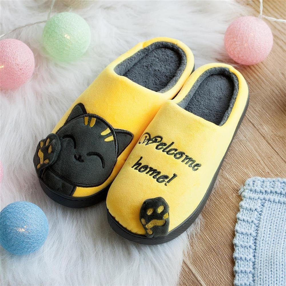 Katara Tier Pantoffeln Gr. 34-41 (Einhorn, Katze, Hase) Plüsch Hausschuhe Hausschuhe, weich, warm, süß, kuschelig, Plüsch Katze (Schwarz-Gelb)