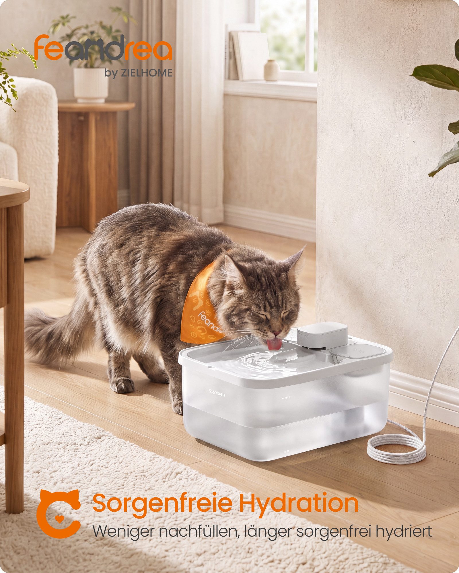 FEANDREA Trinkbrunnen 4,5 L Trinkbrunnen für Katzen, Leiser Haustierbrunnen mit Filtern, und Schwamm, Sichtbarer Wasserstand, 28,7 x 19,3 x 17,3 cm