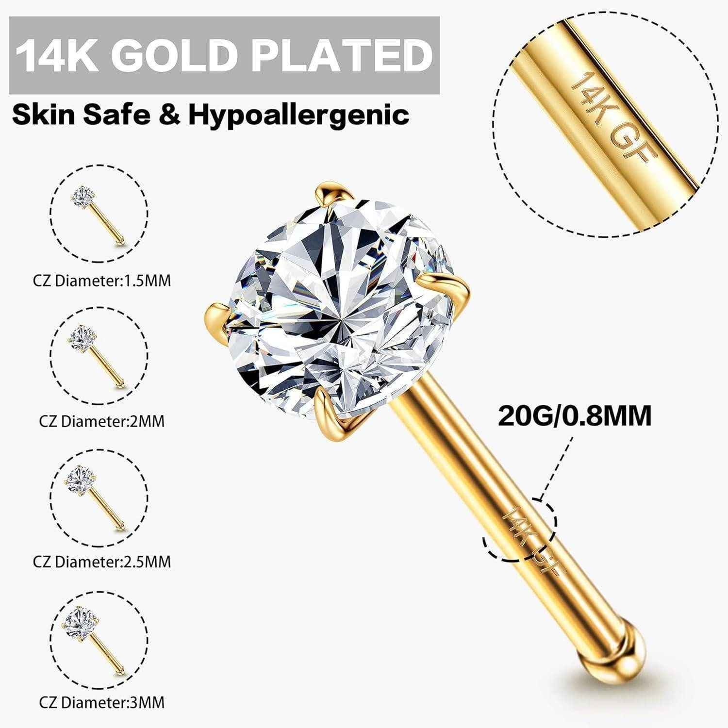 YADOCA Nasenpiercing 4er Set 14K Gold 20G Nasenpiercing Zirkonia Chirurgenstahl 1,5/2/2,5/3