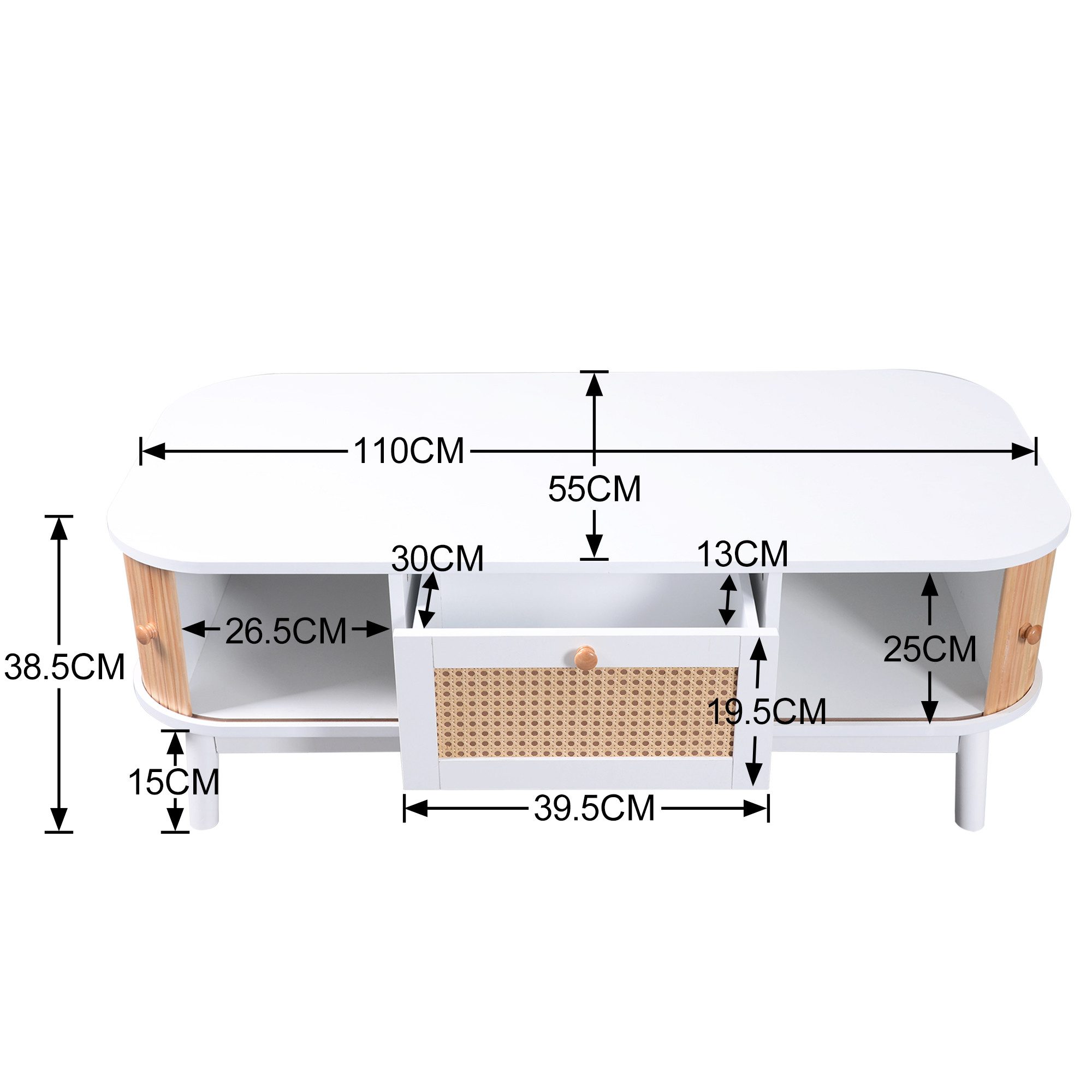STILVORA Wohnzimmer-Set mit Schiebetüren,Wohnzimmertisch Sofatisch mit Rattan-Schubladen, (Rattan-Kaffeetisch, 1-St., Schubladen mit Rattan und Schiebetüren mit Massivholzlatten), Massivholzbeine, Natürlicher Landhausstil.
