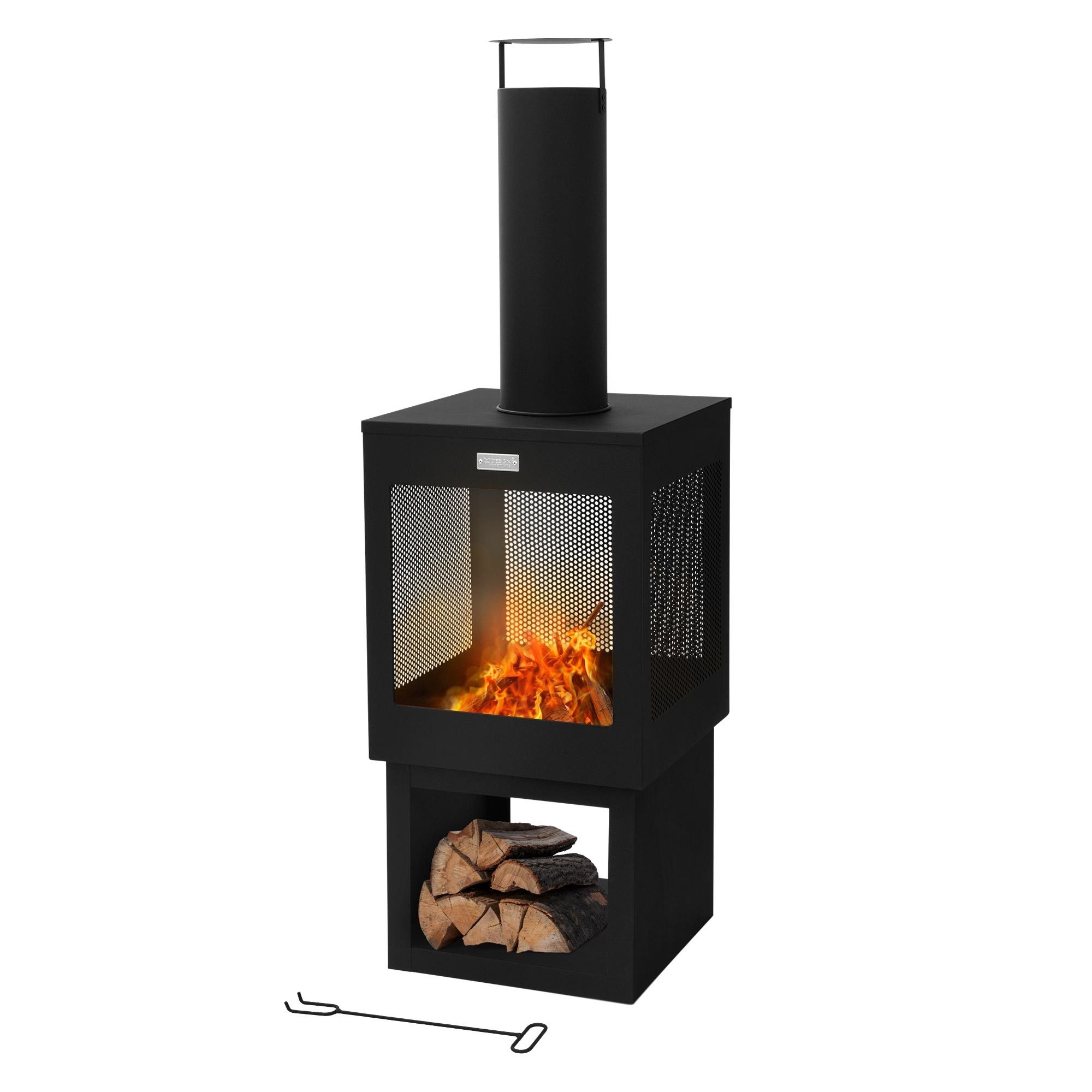 ML-DESIGN Feuerstelle Gartenkamin mit Schornstein Stahl Outdoor Terrassenofen mit Schürhaken, 128x40cm Schwarz abnehmbarem Dach Holzablage Terrassenkamin Feuerkorb