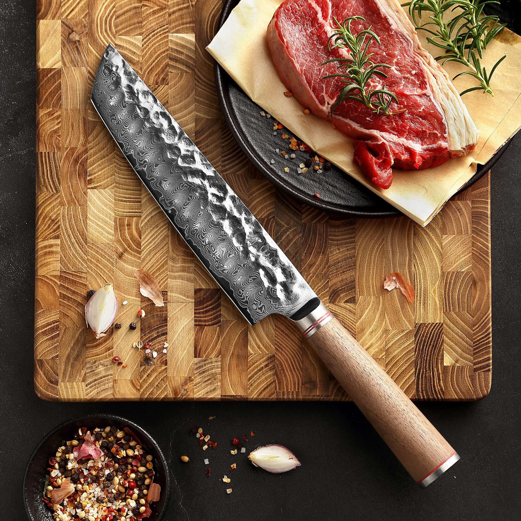 Wakoli Damastmesser Nussbaum Damast Tanto I Kochmesser Küchenmesser I 25 cm Klinge, aus 67 Lagen Damaststahl, VG10 Kern