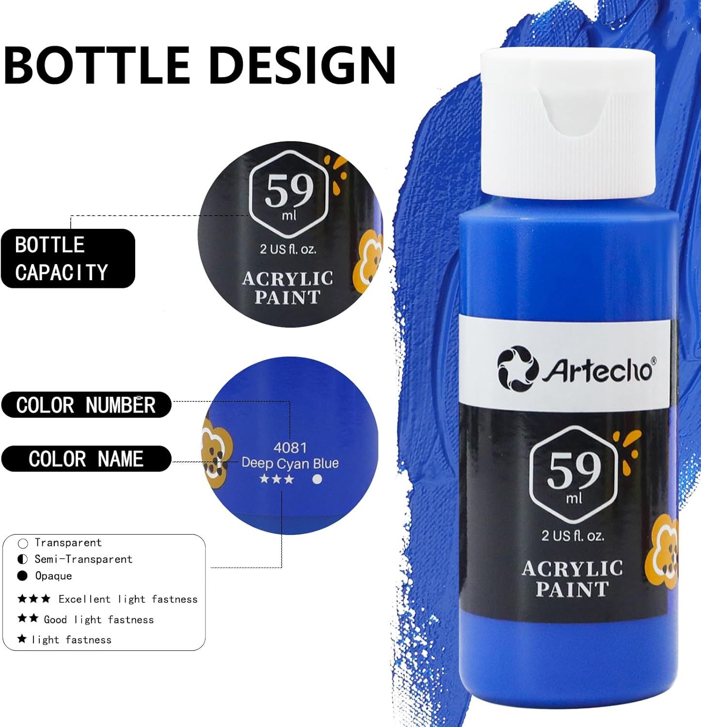 Artecho Acrylfarbe Künstler Set – 18/ 24/ 48 x 59ml Wasserfest Acrylfarben mit 10 Pinseln, Für Papier, Leinwand, Karton, Holz, Stoff, Glas, Stein, Ton uvm.