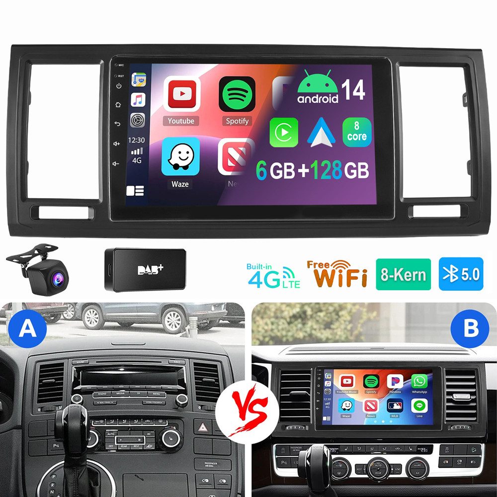 ESSGOO Für VW T6 Transporter Multivan 2016-2019 6+128GB 8-kern Autoradio (Digitalradio (DAB), RDS, FM, AM, Apple Carplay Android Auto Navi WIFI 4G LTE)