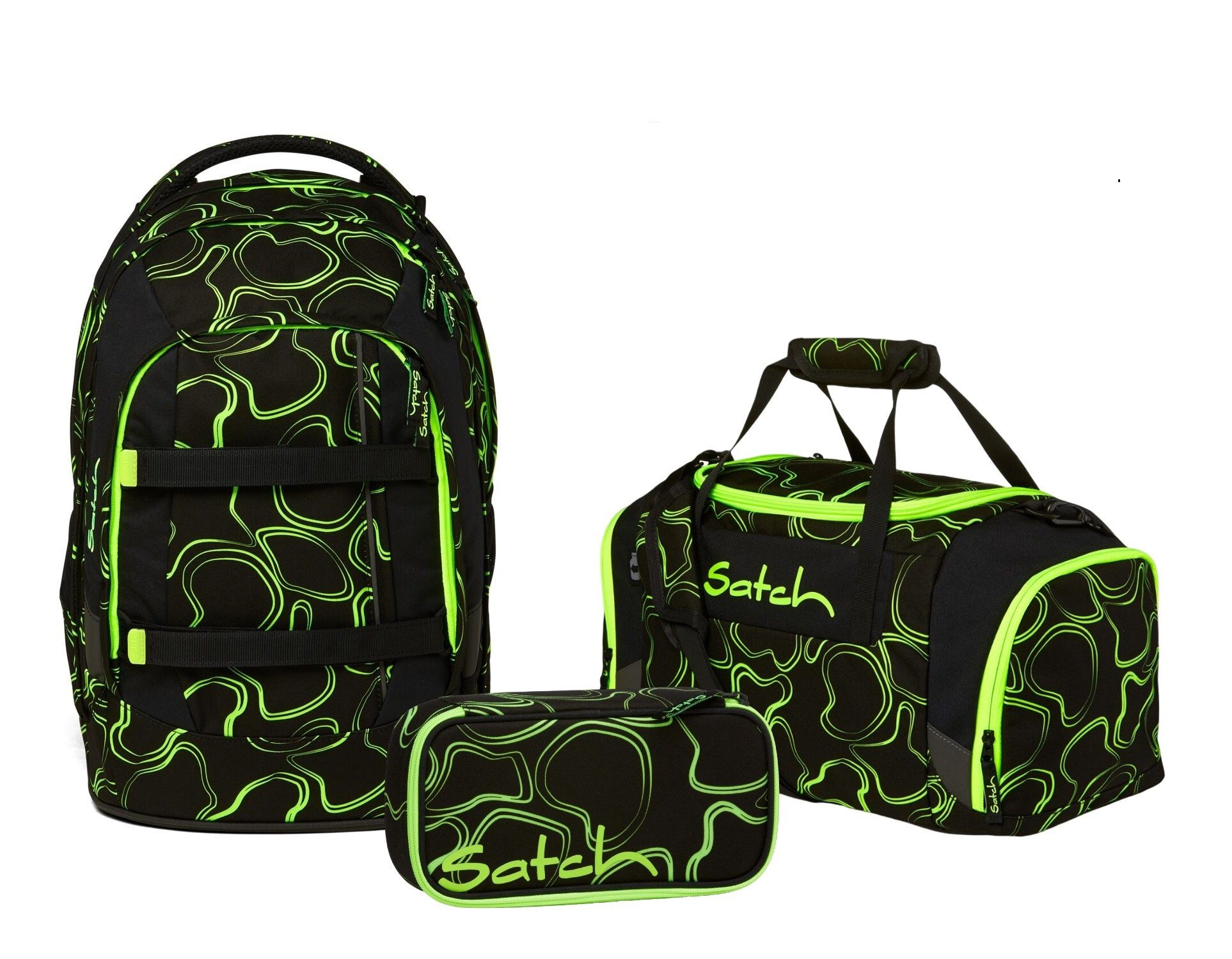 Satch Schulranzen Schulrucksack-Set PACK Green Supreme 3-teilig (3-teilig), Laptop-Fach, Your-Size-System, Schulranzen