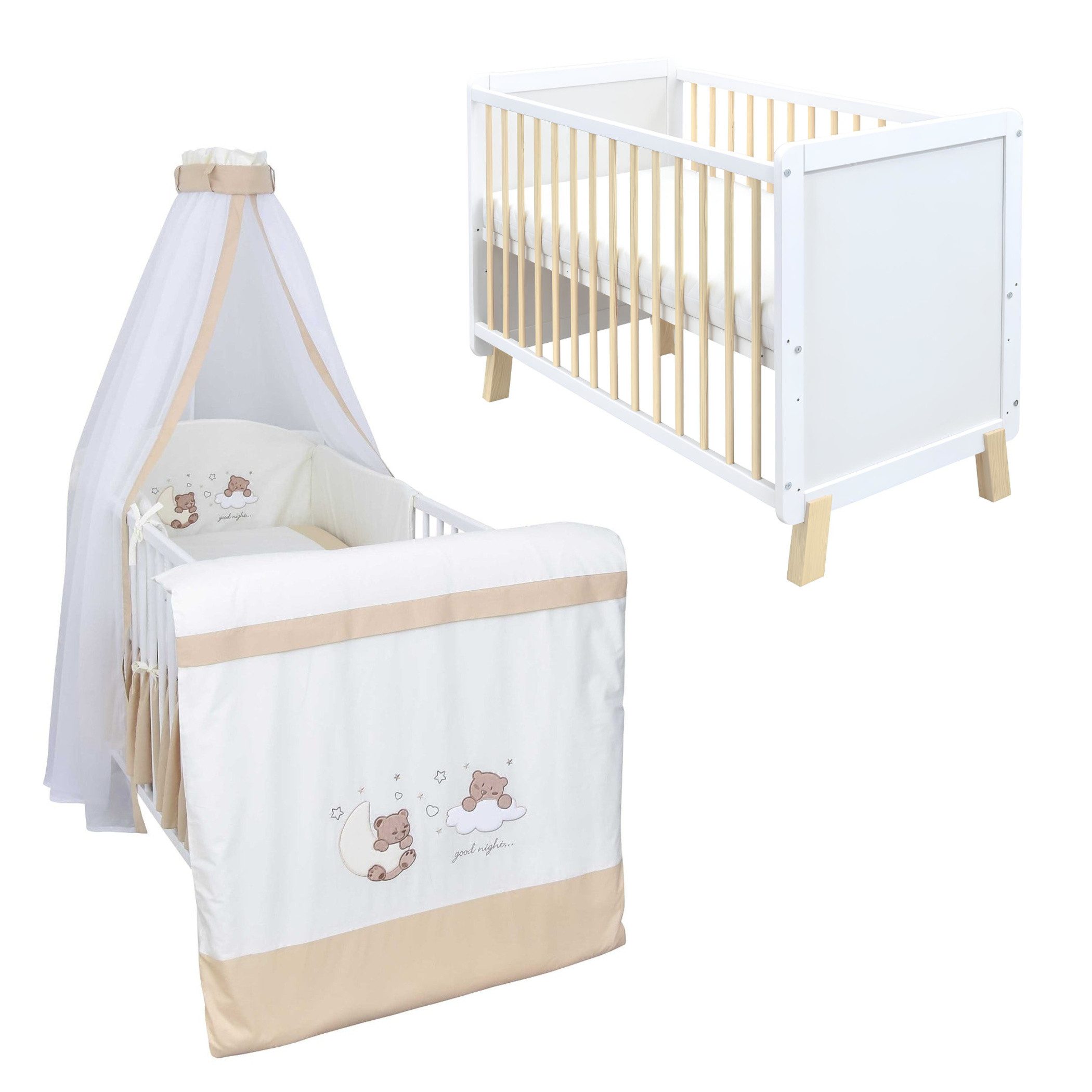 Komplettbett Babybett Lou Komplettset Weiß Natur