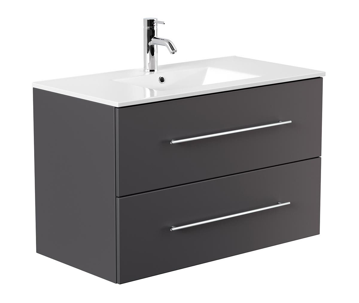 einfachgutemoebel Waschtisch-Set KUBOA Waschplatz 90cm Grafit Seidenmatt Keramikbecken, (Badmöbel Set, 1-St., Waschtisch Set)