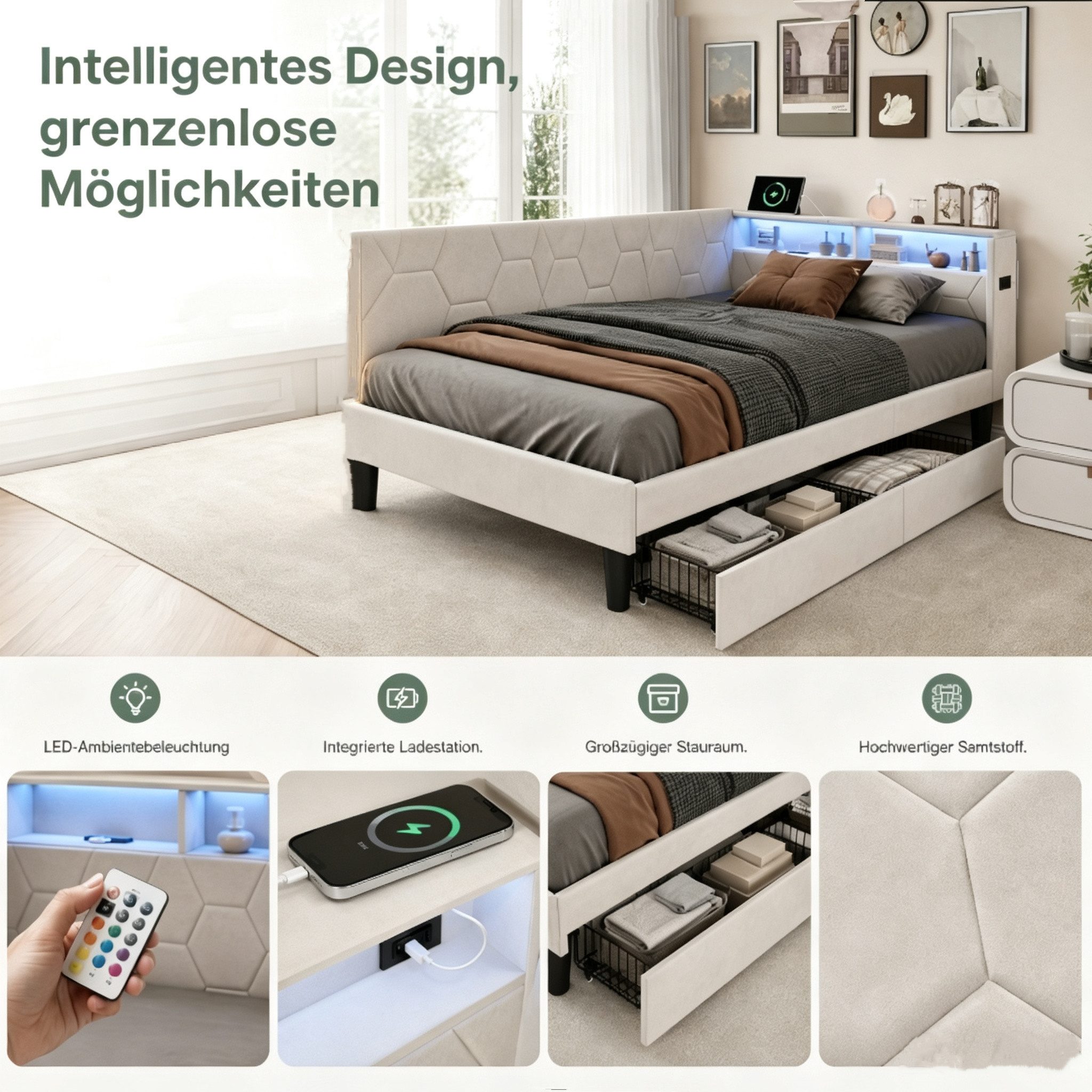Simurq Daybed Tagesbett 90x200 mit Schubladen, Gästebett, Jugendbett, Polsterbett, Mit Lattenrost, USB Port & LED, samt, L-Form