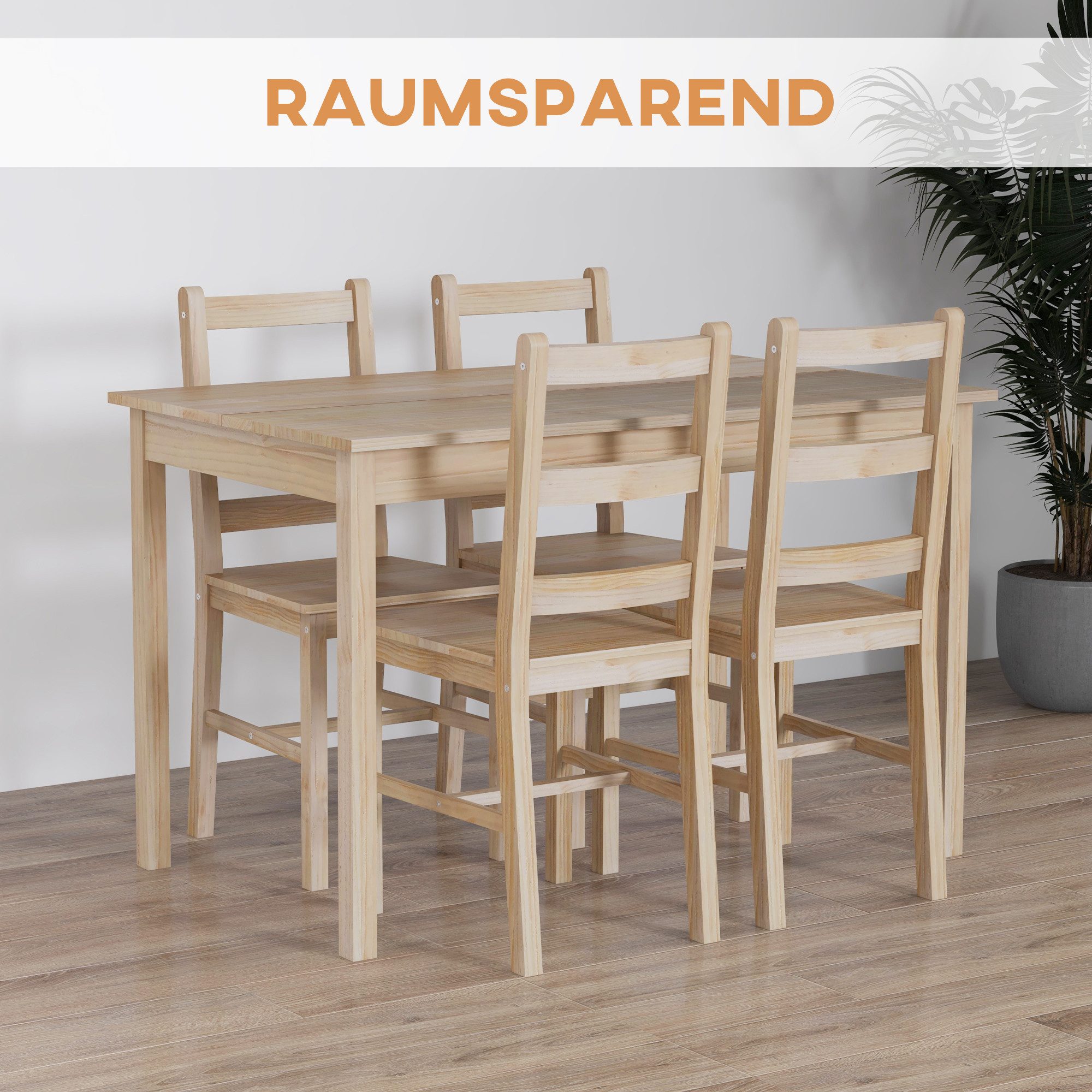 HOMCOM Essgruppe Esstisch mit 4 Stühlen Platzsparend Esszimmergruppe Natur, (Sitzgruppe, 1-tlg., Esstisch mit 4 Stühlen), für Esszimmer, Küche, Natur – Bild 5 von 5