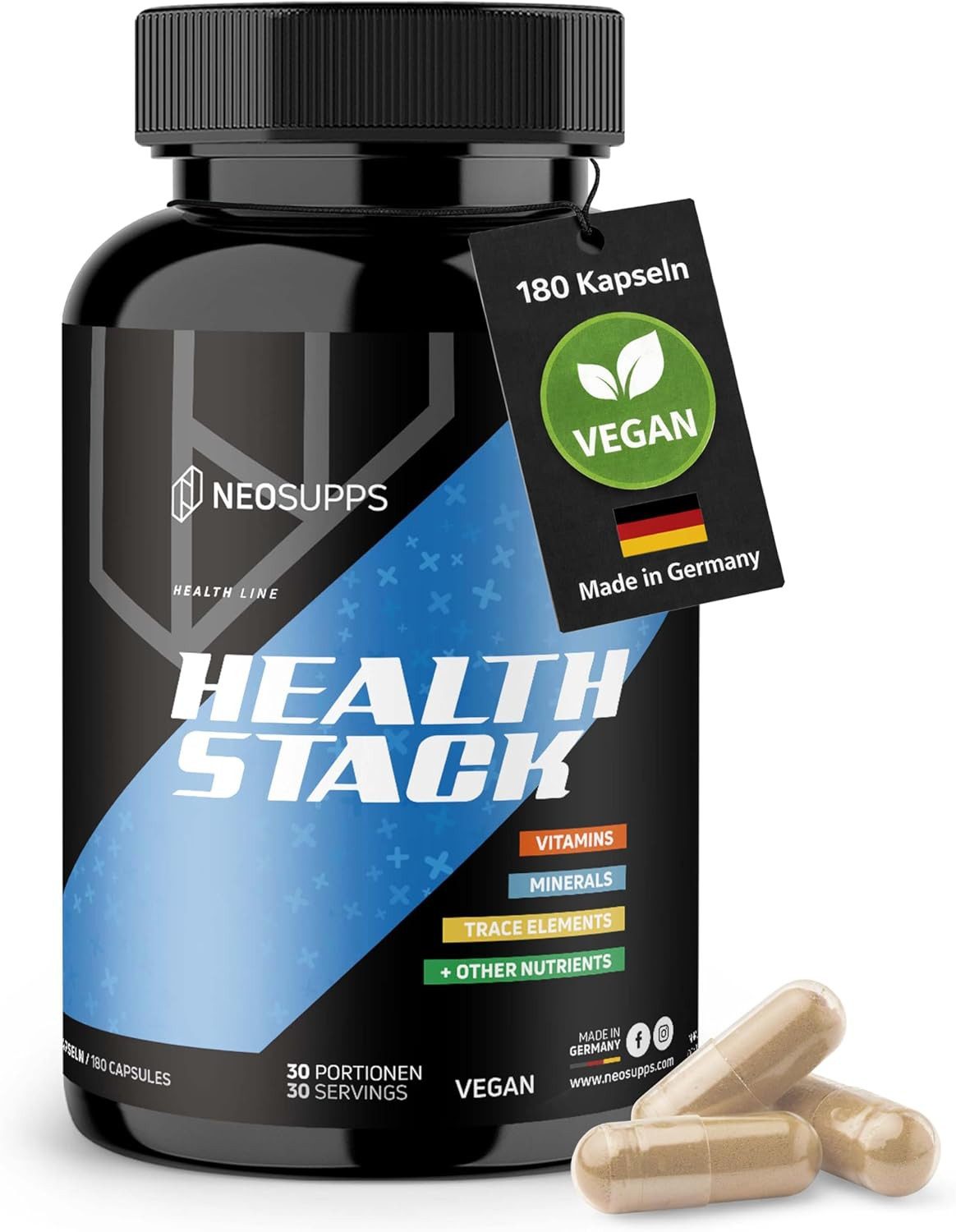 Neosupps Health Stack - All-in-One Nahrungsergänzungsmittel - Made in Germany Kapseln, Vitaminen, Mineralstoffen & Spurenelementen, Made in Germany