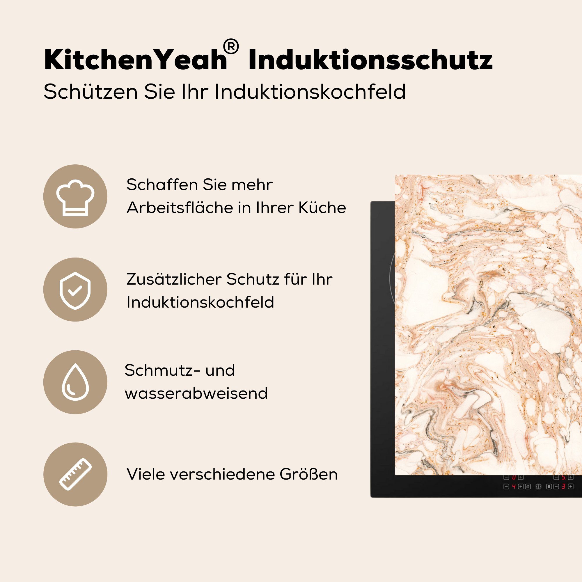 MuchoWow Herdblende-/Abdeckplatte Marmor - 78x78 küche tlg), Schwarz, Arbeitsplatte cm, - für (1 Orange Ceranfeldabdeckung, Vinyl