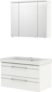 Saphir Badmöbel-Set Balto Sprint 2-teilig, Mineralmarmor-Waschtisch mit LED-Spiegelschrank, (2-St), Badezimmer Set 92 cm breit, inkl. Türdämpfer, 3 Türen, 2 Schubladen