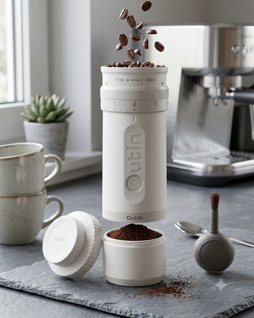 OutIn Kaffeemühle OutIn Fino Coffee Grinder Kaffeemühle 28 Stufen Kegelmahlwerk Mobil, 38-mm-Kegelmahlwerk aus gehärtetem 420er Edelstahl mit siebeneckiger 7-Stern-Geometrie, 25 g Bohnenbehälter, 28 Mahlgrade, 38-mm-Siebeneckiges 7-Stern-Edelstahl-Kegelmahlwerk