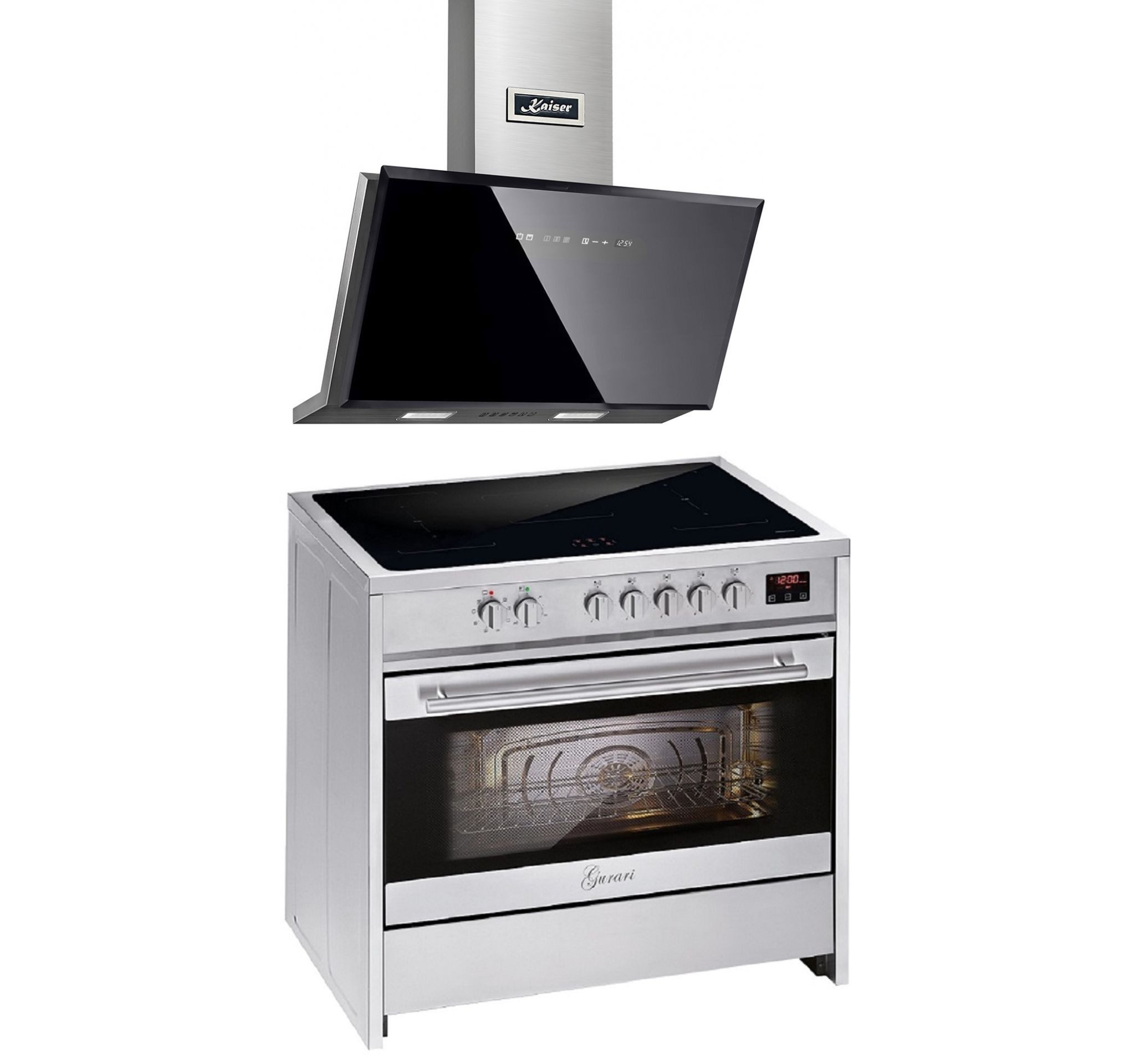 GURARI Induktions-Standherd Induktions Standherd 90 cm, FLEX ZONE, Booster, Range Coocker, 121L+Luxus Dunstabzugshaube 90cm,TouchControl, Schwarz Glas,1250m³/h E 913 X+AT 9430 F ECO, mit 1-fach-Teleskopauszug