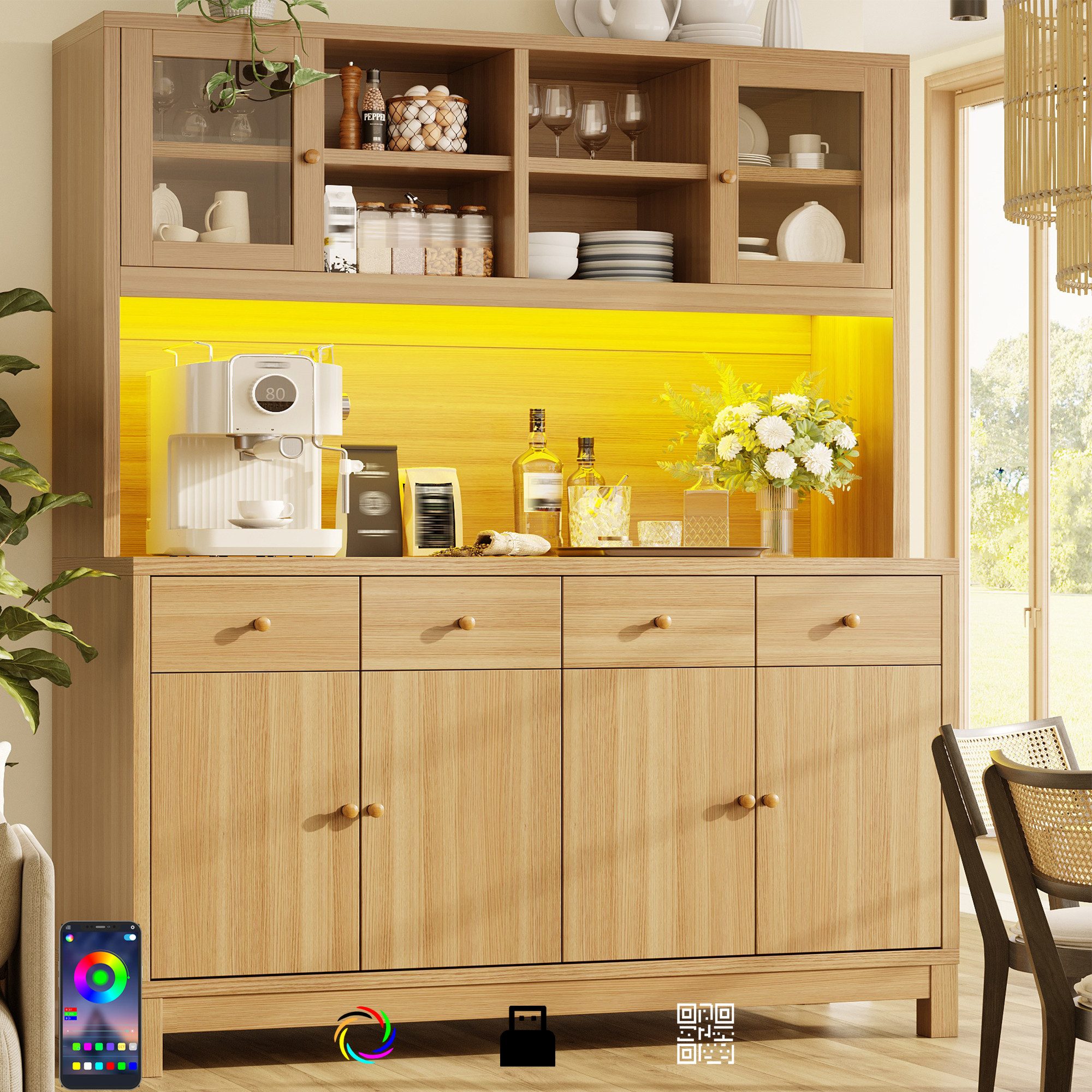 STILVORA Hochschrank Vitrine mit verstellbaren Einlegeböden Highboard mit LED in Naturholz (Glaskasten, 4 Schubladen, Türen, Arbeitsfläche, Holzdekor, Offene Fächer, verstellbare Böden, Snackhalter, robust 100kg) für Küche, Esszimmer, Wohnbereich, Büro, Kaffeestation