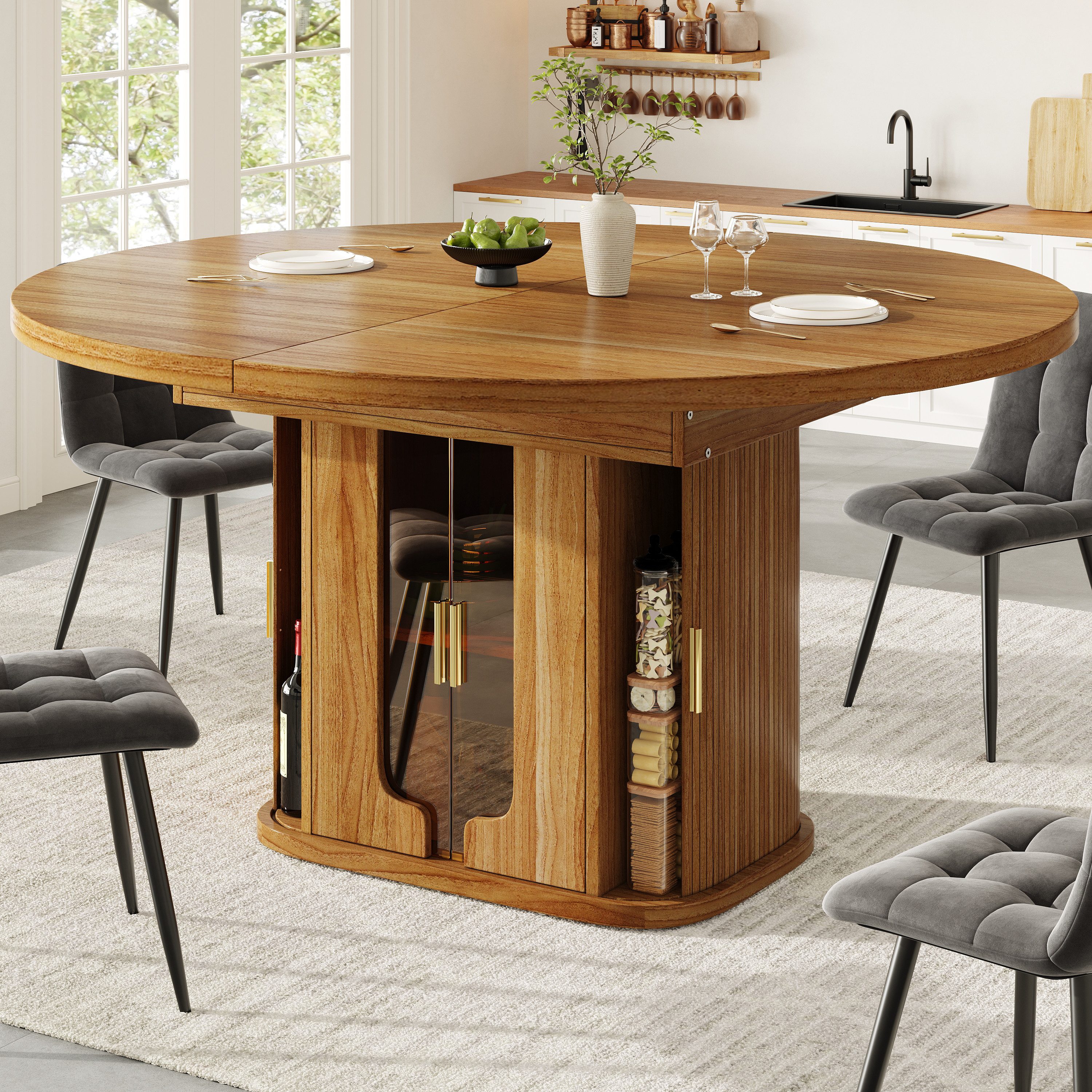 HAUSS SPOLE Esstisch Ausziehbar Wohnzimmertisch mit Schubladen&Teleskopfunktion,Walnuss (Küchentisch mit großzügiger und vielseitiger Stauraum, Exquisites Design mit hochwertigen Materialien), mit einer Gleitschiene unter dem Desktop