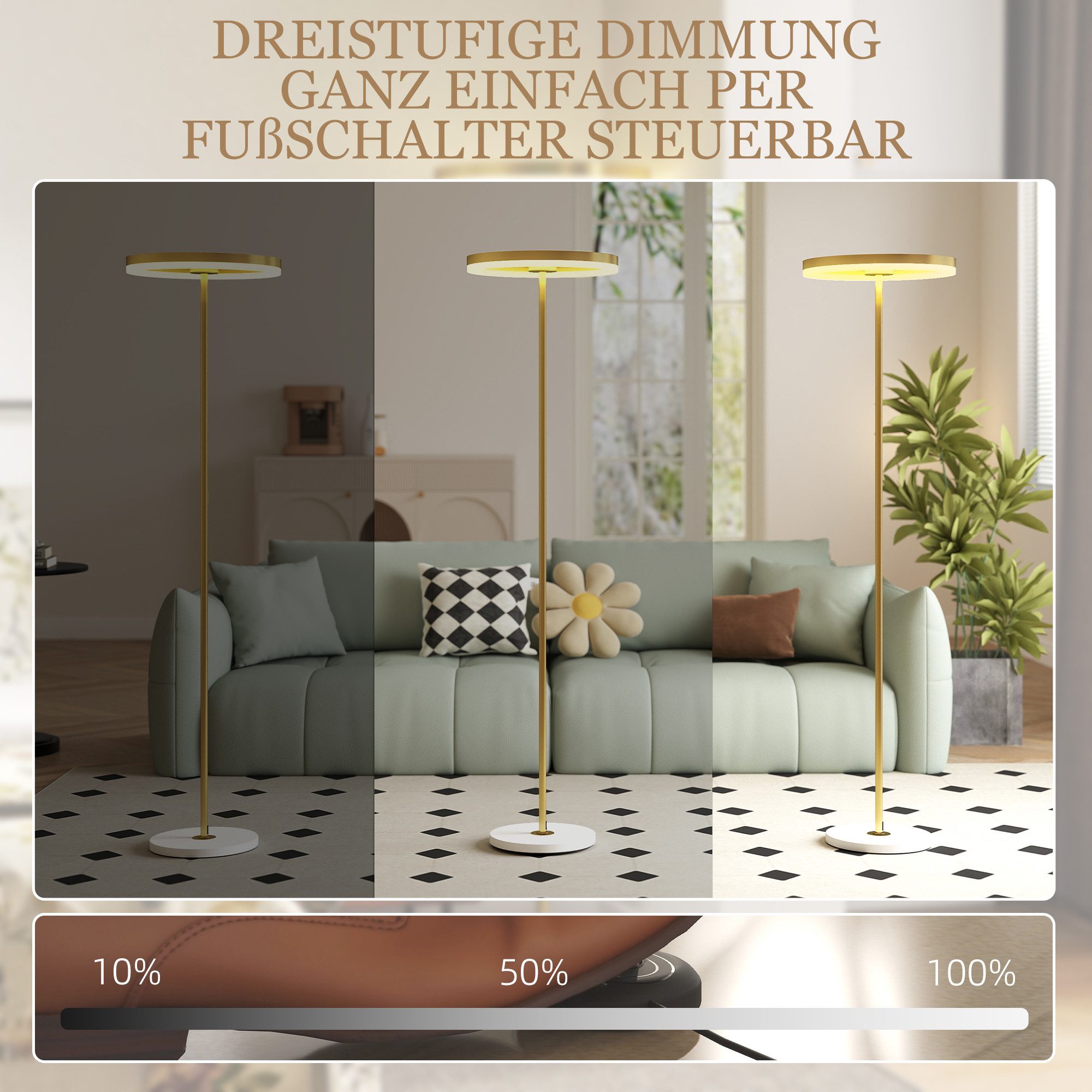 HOMCOM Stehlampe LED Dimmbar Stehleuchte mit 3 Lichtfarben, Fußschalter, LED, Wohnzimmer, Schlafzimmer, Gold – Bild 4 von 5