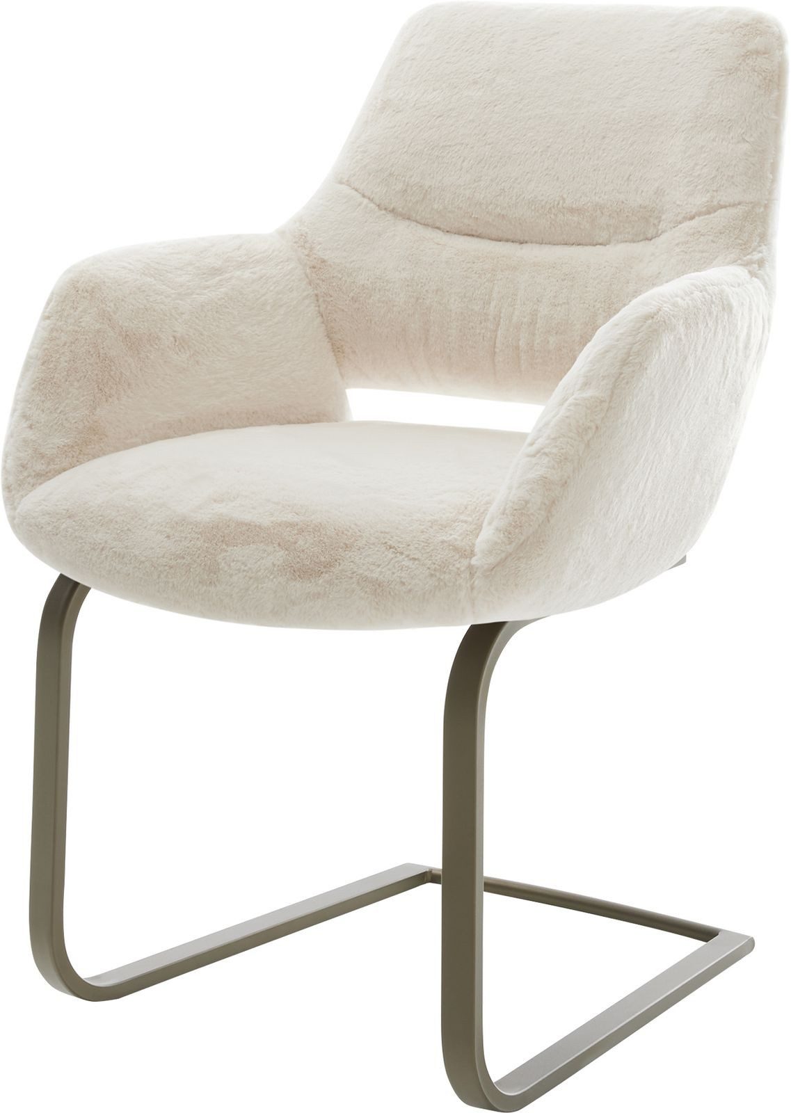 DELIFE Polsterstuhl Yago-Flex, mit Armlehnen Freischwinger flach Effektfinish Titan Plüsch Creme-Weiß