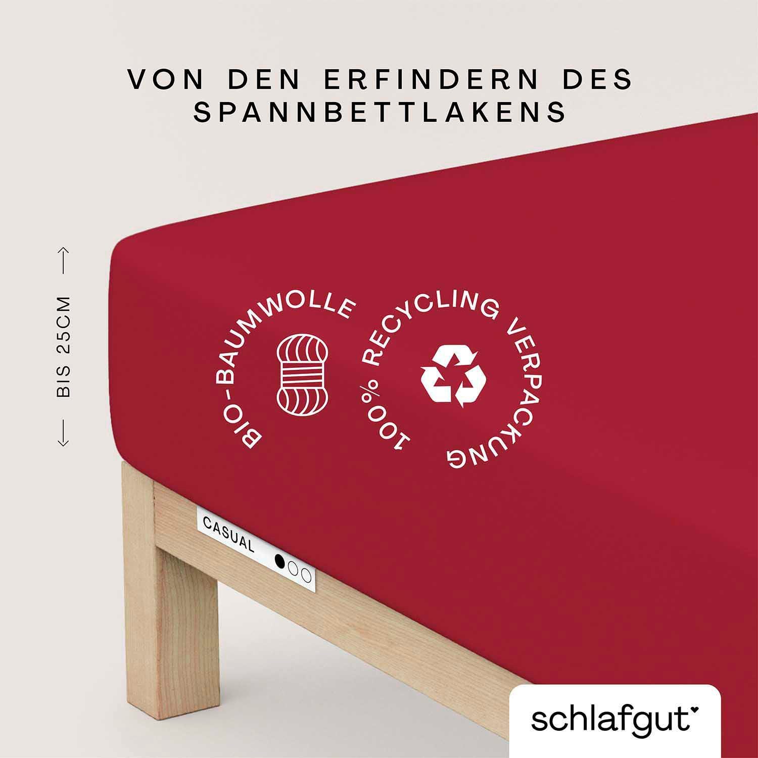 Schlafgut Spannbettlaken CASUAL Bettlaken 100% gekämmte Bio-Baumwolle, 150 g/m², Spannbetttuch, Jersey, Gummizug: rundum, (1 Stück), Bettlaken bis 25 cm Höhe, langlebig, weich, Antipilling-Ausrüstung