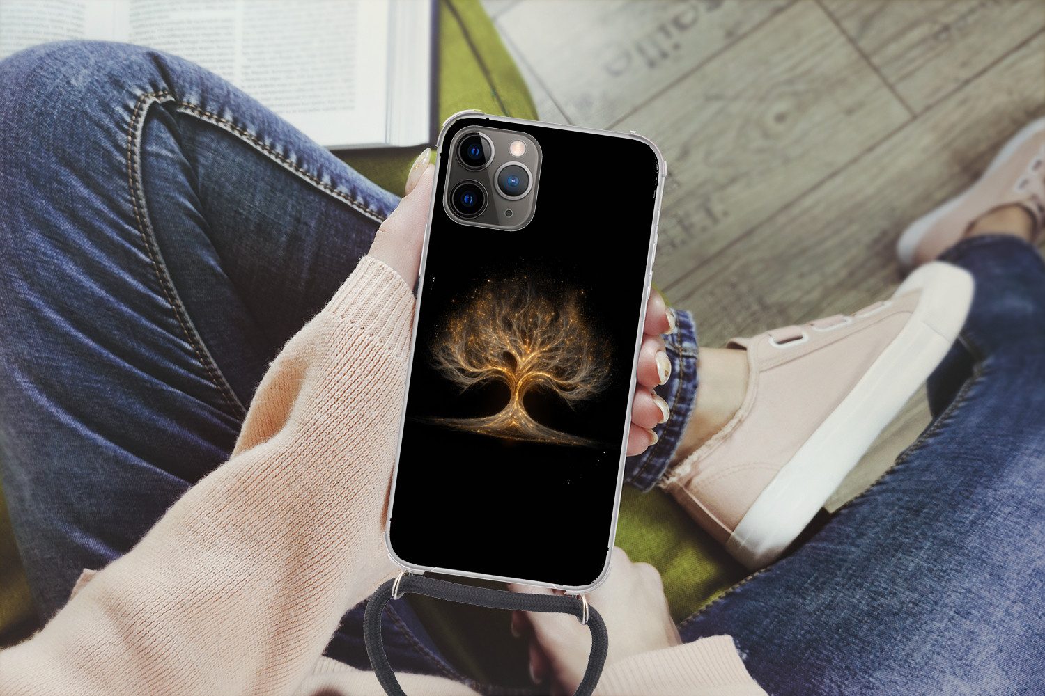 MuchoWow Handyhülle für Apple iPhone 12 Pro Lichter - Baum - Abstrakt - Schwarz, Tragbare Handyhüllen mit Kette zum umhängen, Handykette Handyband