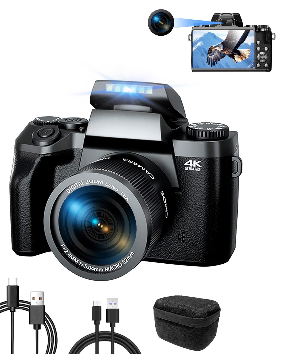 HT 4K Digitalkamera mit Vorder- und Rückobjektiv Kompaktkamera (64 MP, WLAN (Wi-Fi), 4,0" Touchscreen Fotokamera mit 16X Digitalzoom, für Anfänger)