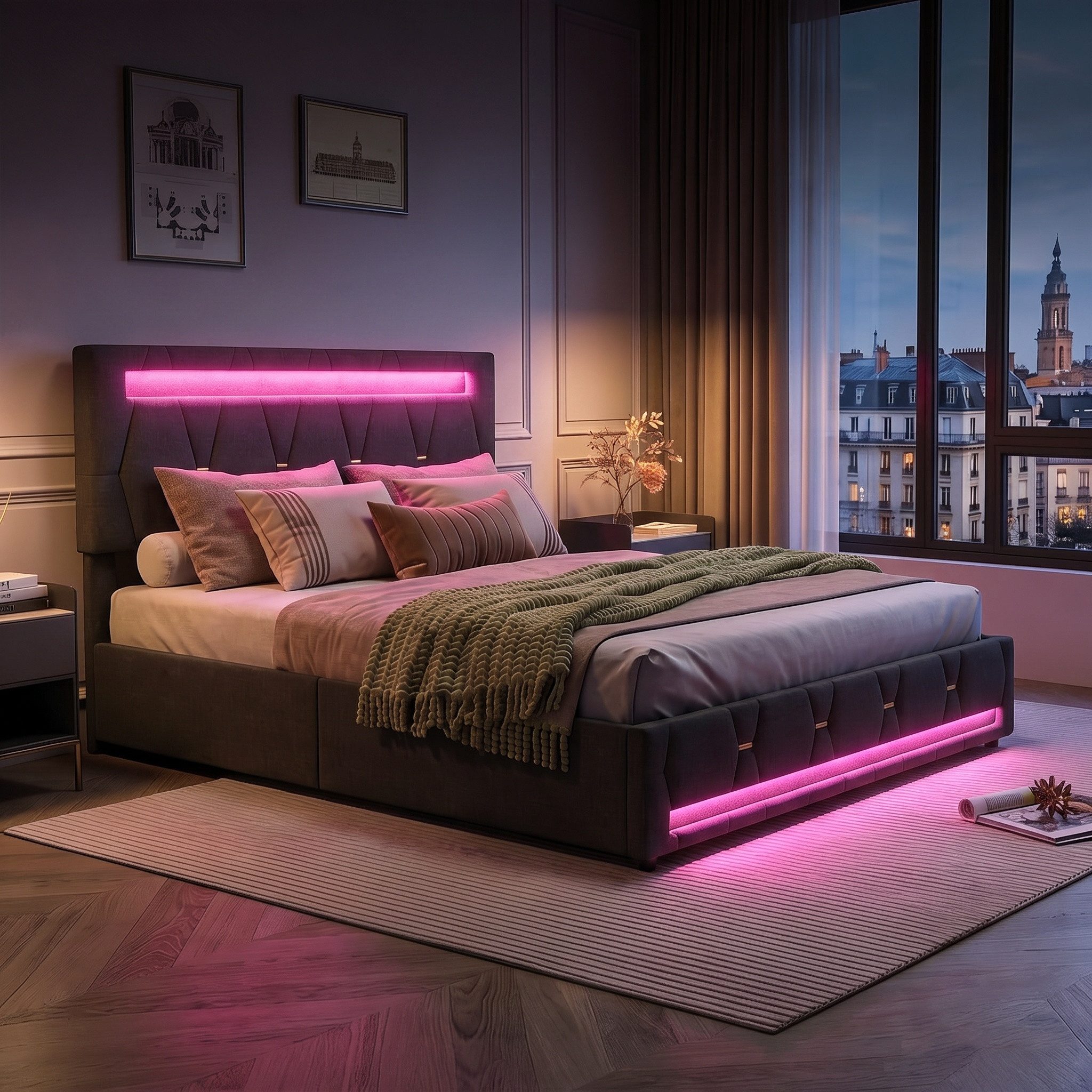 PXloue Polsterbett Doppelbett Stauraumbett mit bettkasten, mit Lattenrost und 4 Schubladen, LED-Beleuchtung, 140x200 cm
