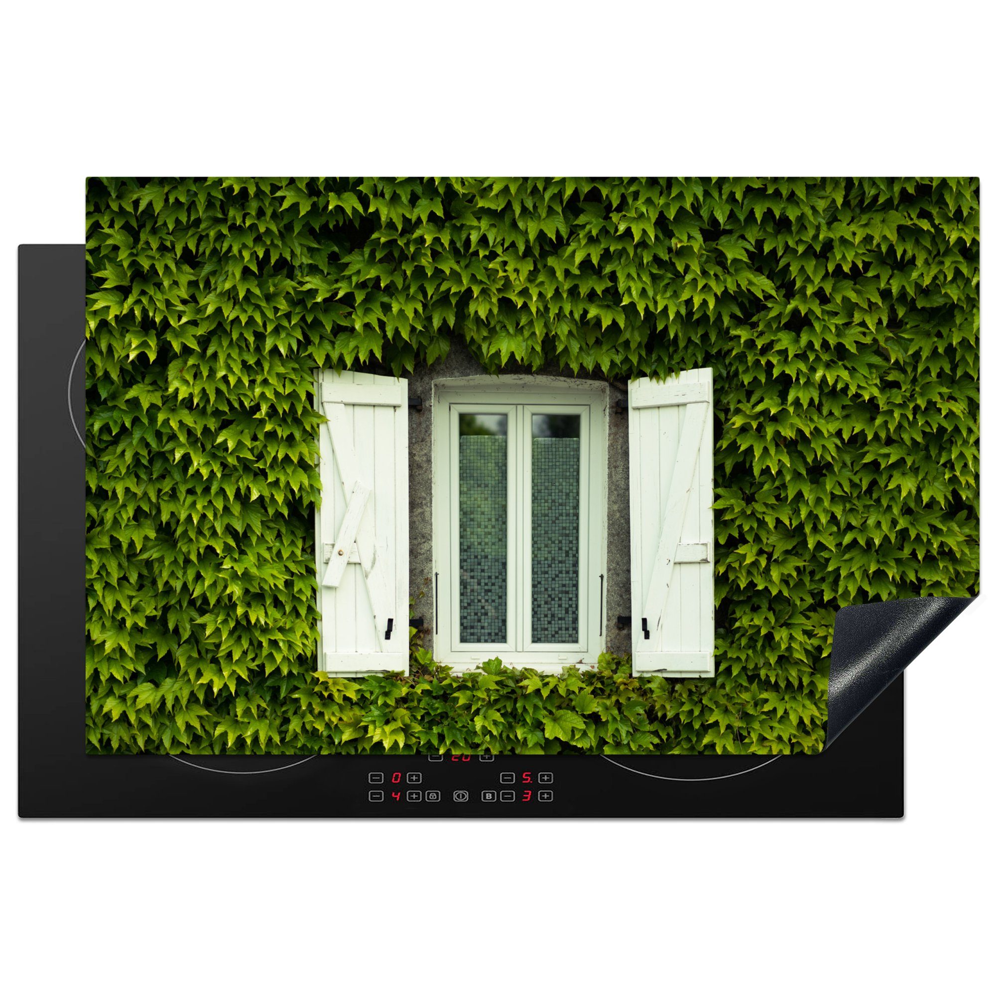 MuchoWow Herdblende-/Abdeckplatte Fenster mit Fensterläden zwischen Kletterpflanzen, Vinyl, (1 tlg), 81x52 cm, Induktionskochfeld Schutz für die küche, Ceranfeldabdeckung