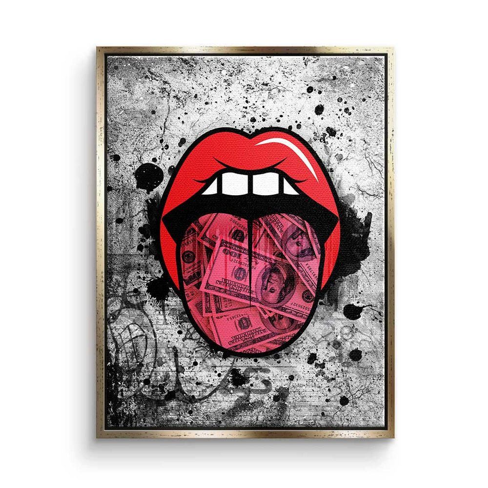 Leinwandbild DOTCOMCANVAS® - Erfol Leinwandbild, - Rahmen Pop Art Premium Inspiration goldener Graffiti - Kiss -