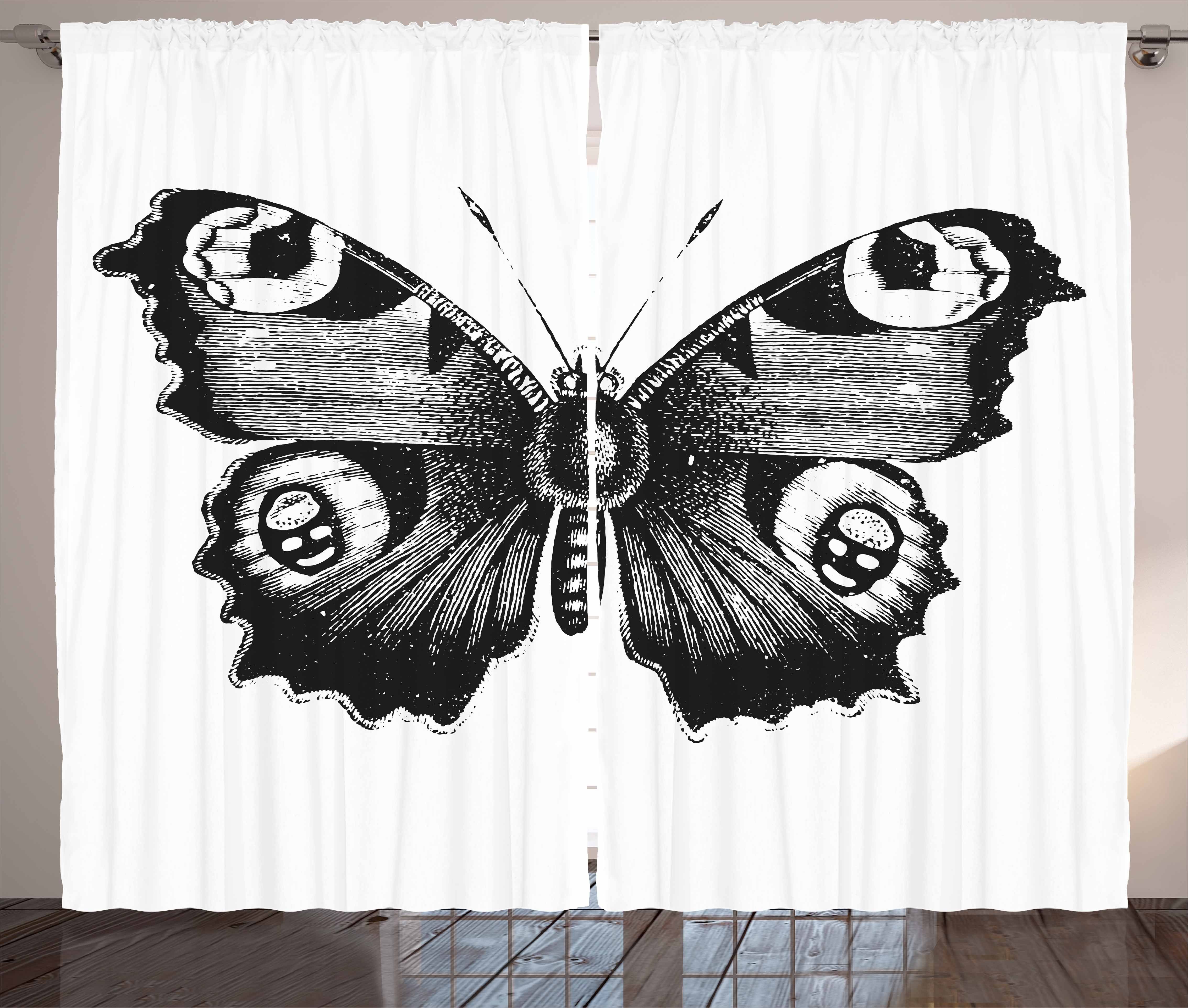 Gardine Schlafzimmer weiß und Abakuhaus, Schlaufen Kräuselband und Schwarz Haken, mit Vorhang Schmetterlings-Kunst