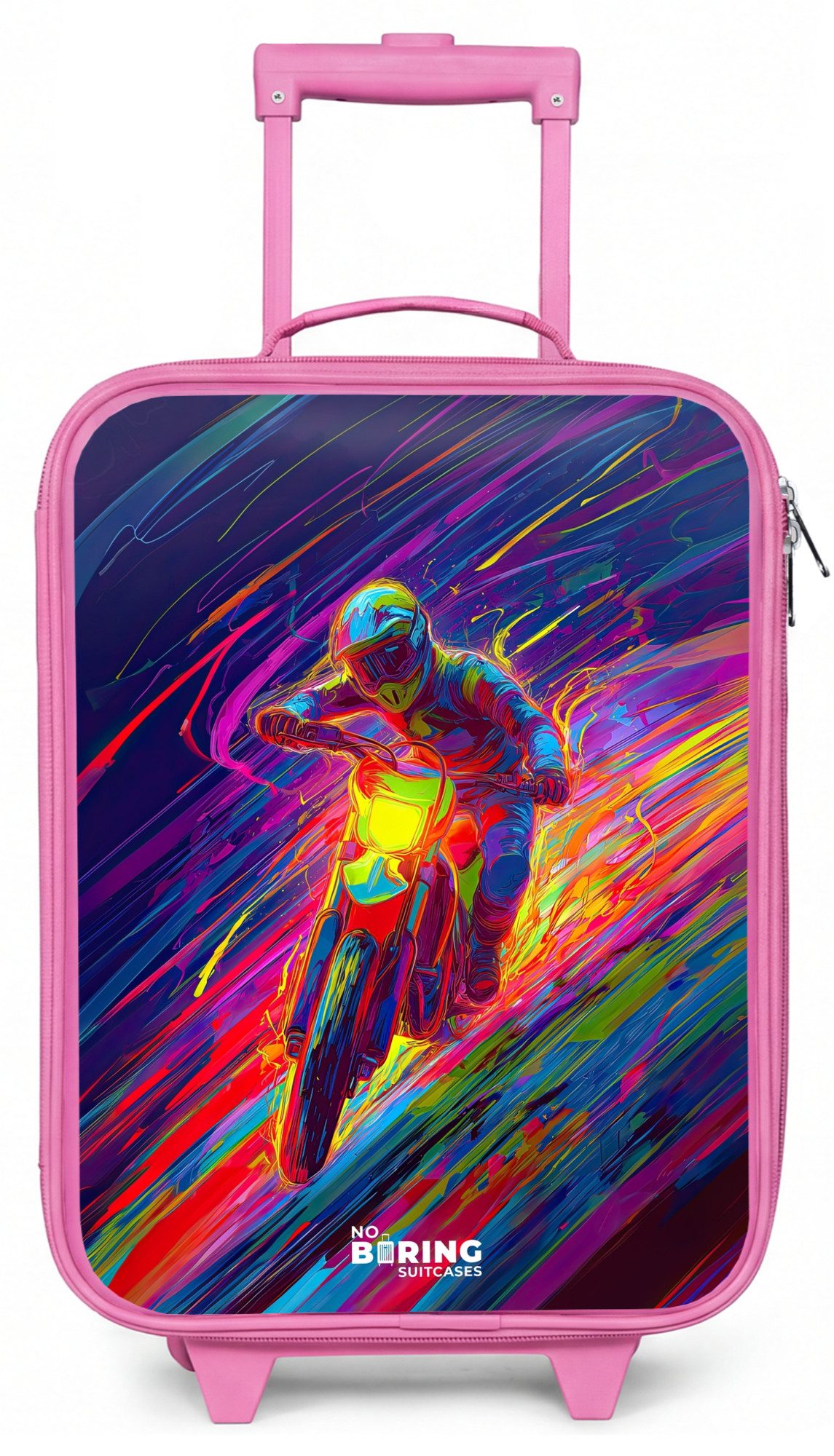 NoBoringSuitcases.com© Kinderkoffer Rosa - mit leuchtende Räder - Crossrad - Neonfarben - Linien - Helm, 2 Rollen, Handgepäck-Koffer, Kinderkoffer, Reisekoffer Mädchen