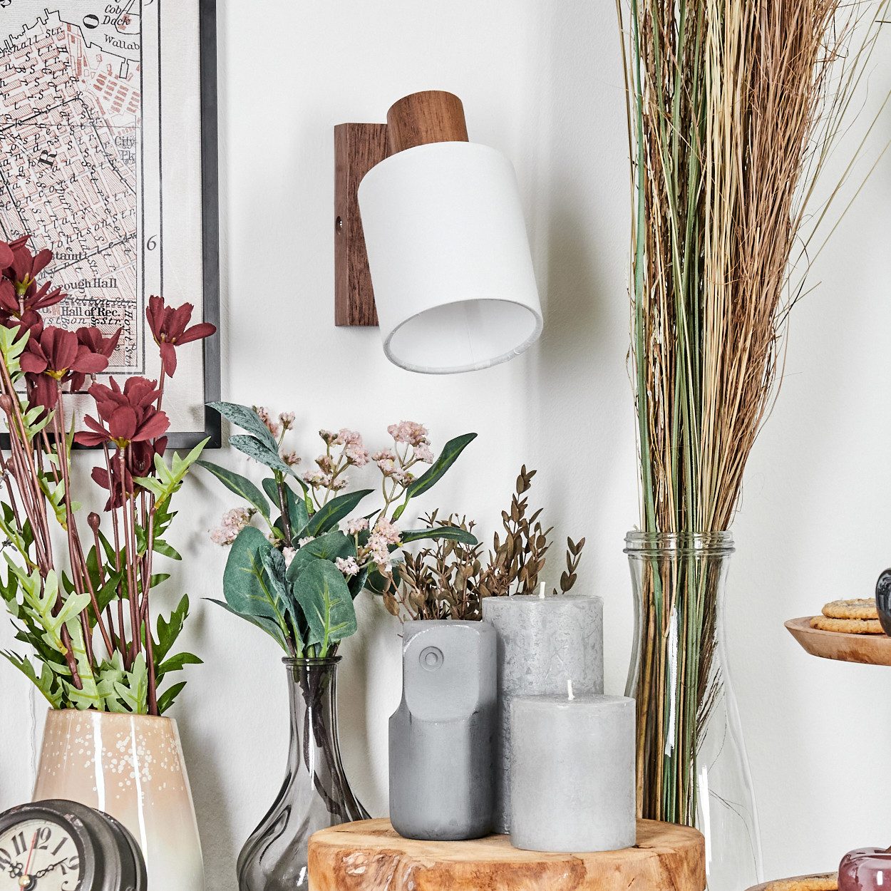 hofstein Wandleuchte Wandlampe aus Holz/Metall/Stoff in Natur-/Chromfarben/Weiß, ohne Leuchtmittel, verstellbare Wandleuchte im modernen Boho-Design (Schirm 9 cm), E14