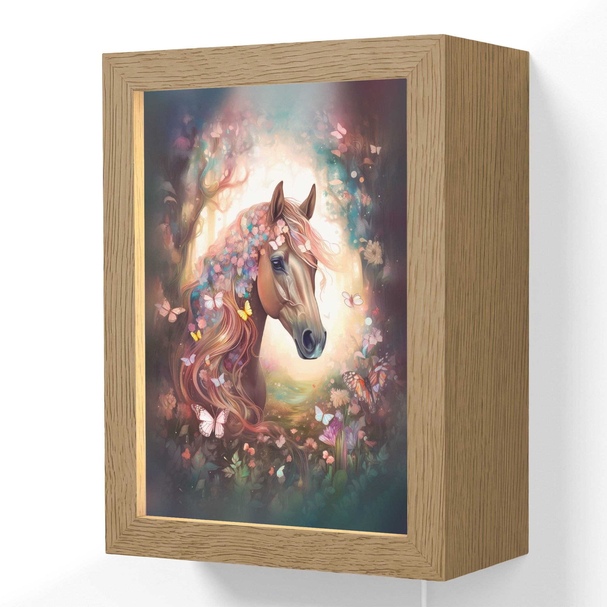 OnlyWow Wandleuchte Lightbox Pferd - Natur - Blumen - Schmetterlinge - Wald - Mädchen, Dimmbar, Farbwechsel, LED, Warmweiß, Kaltweiß, Neutralweiß Einstellbar, Wandlampe Innen, Dimmbar, mit Kabel, LED, Beleuchtung, Kinderzimmer
