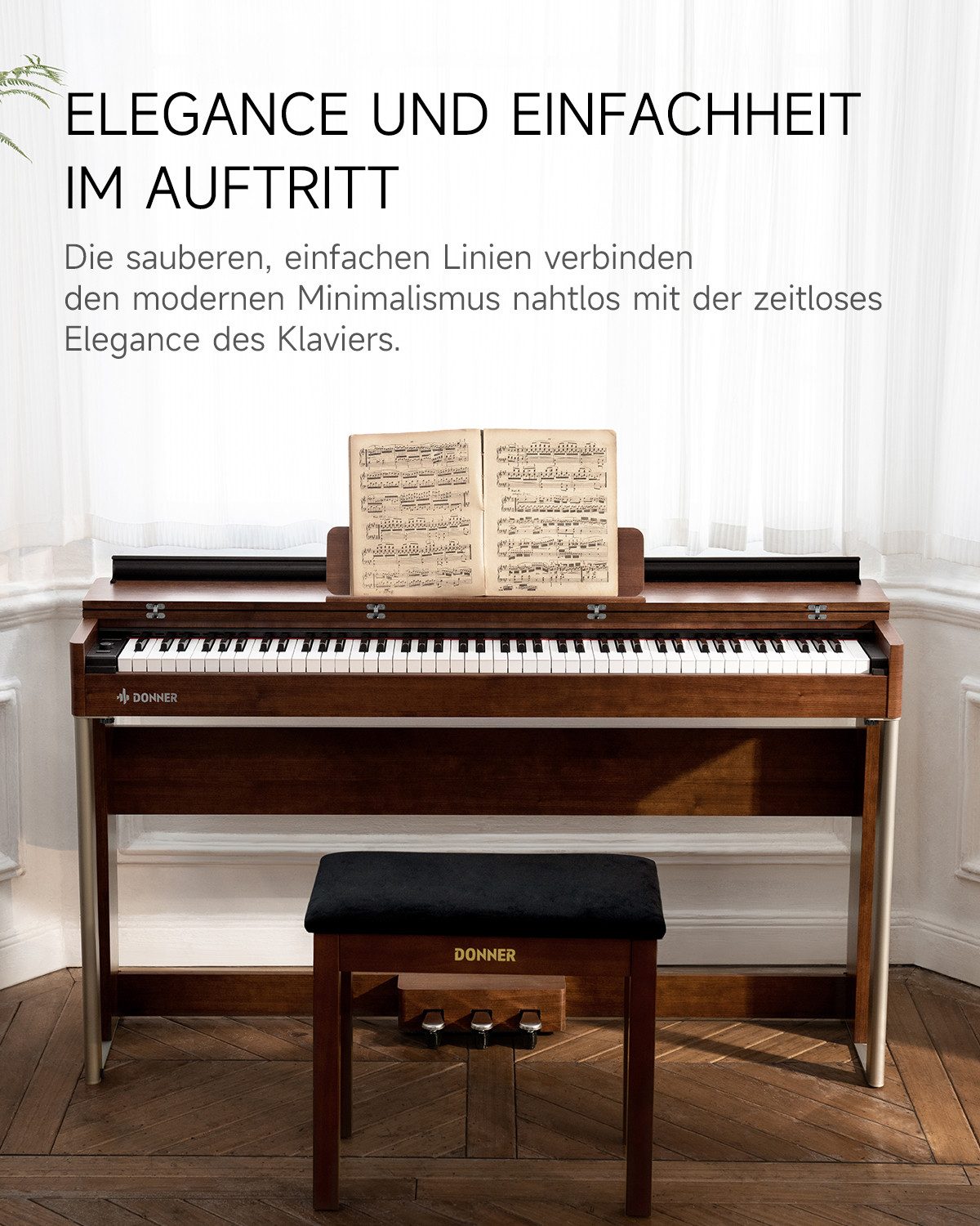 Donner Digitalpiano E-Piano 88 Tasten gewichtetes Hammermechanik Klavier DDP-200 (SET), Holzgehäuse, LCD-Display, 5 Reverb-Effekte, Bluetooth-MIDI, 3 Pedale – Bild 5 von 5