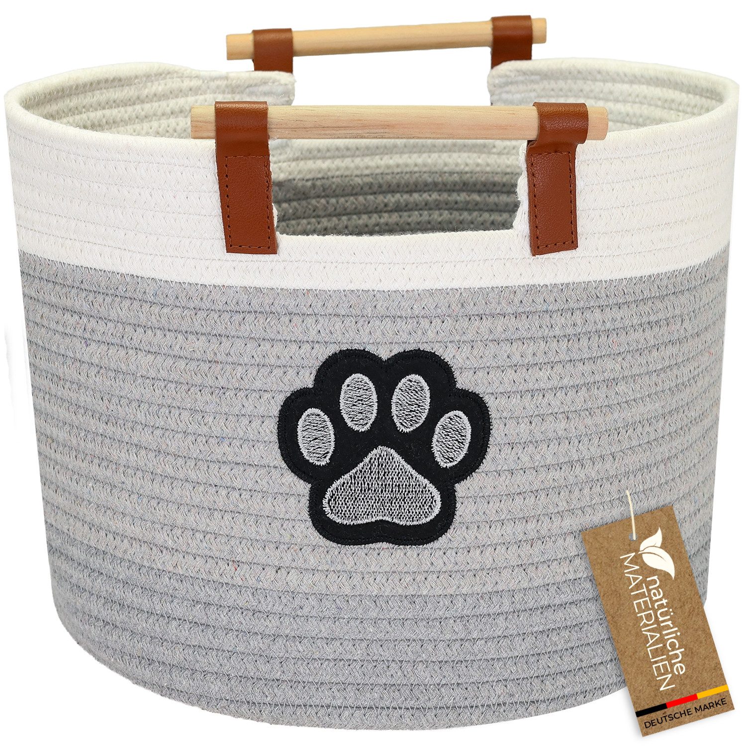 HMF Aufbewahrungskorb Aufbewahrungskorb mit Holzgriffen, runder Korb aus, Baumwolle für Kinderzimmer oder Babyzimmer, Hundepfote 30 x 30 x 24 cm