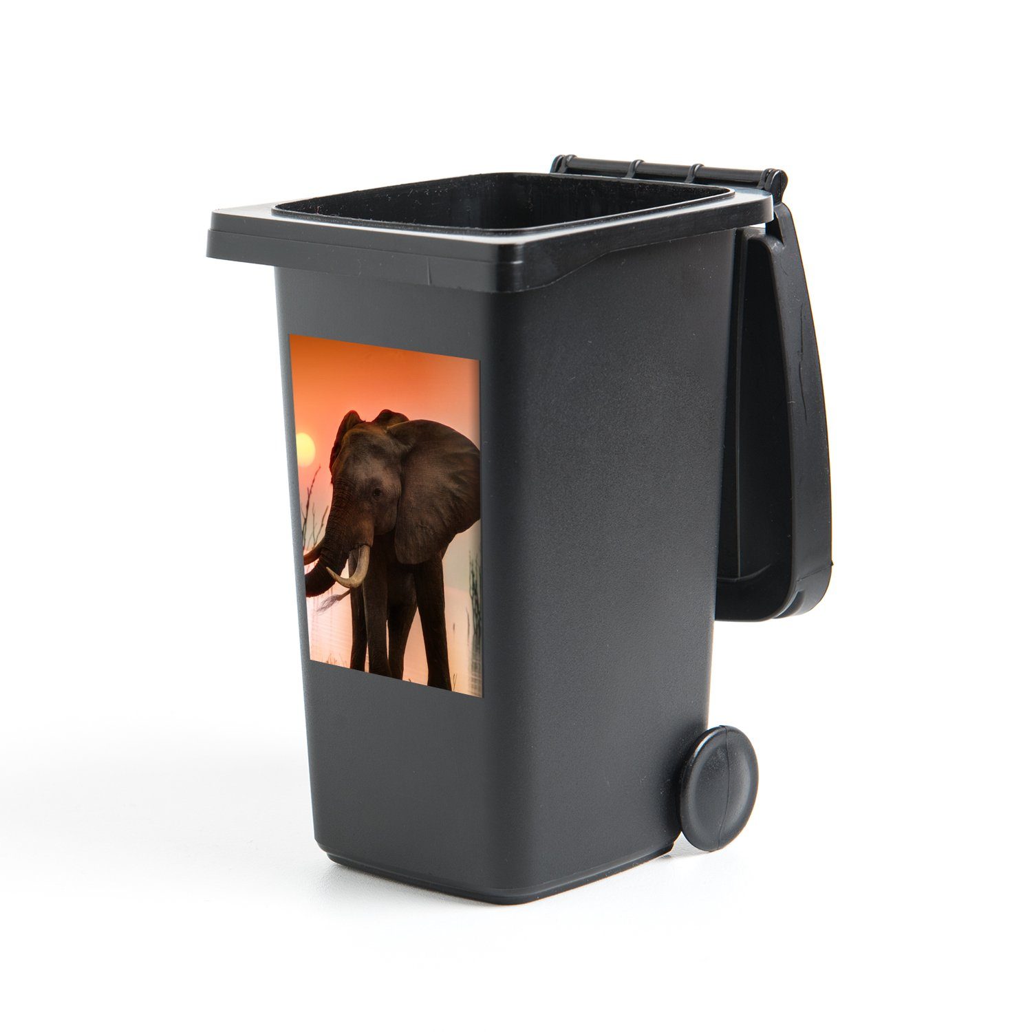 MuchoWow Wandsticker Elefant - Tiere - Wasser - Sonnenuntergang (1 St), Mülleimer-aufkleber, Mülltonne, Sticker, Container, Abfalbehälter