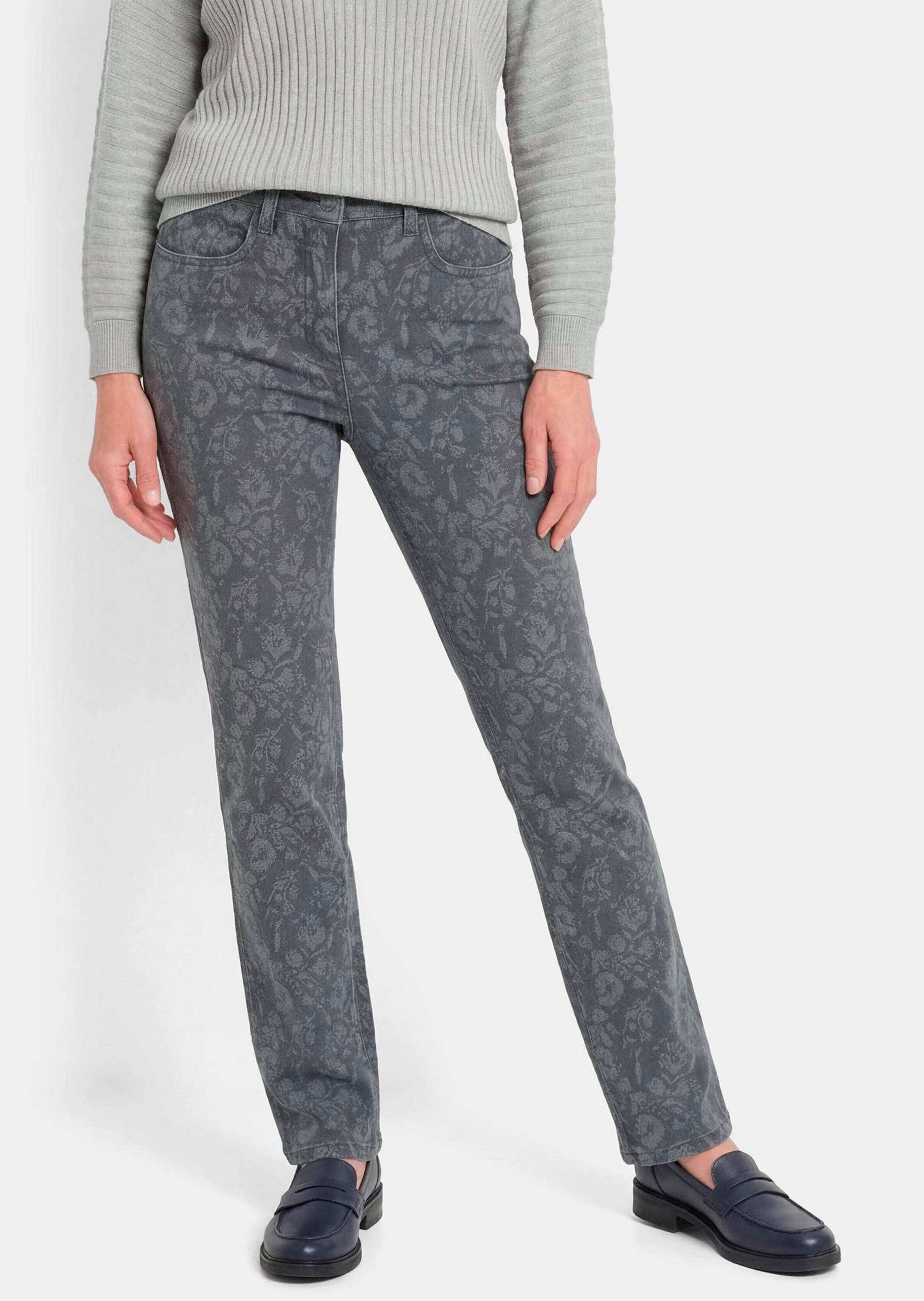 GOLDNER 5-Pocket-Jeans Slim Fit Jeans LOUISA mit Blumendruck 4-Pocket-Jeans,Teildehnbund, Gürtelschlaufen, bedruckter Denim