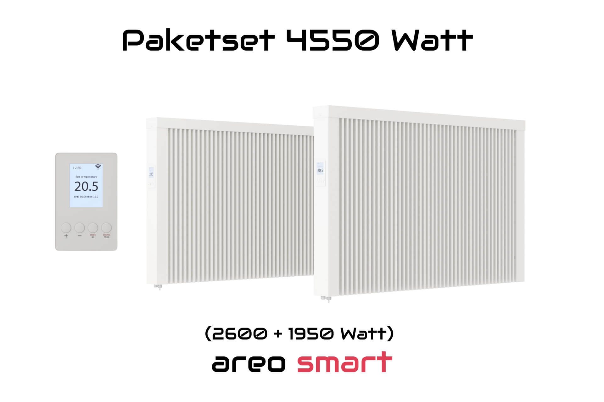 eVARMO Elektro-Heizkörper Paketset nach Wattzahl Flächenspeicherheizung areo smart, Digitales Thermostat mit LCD-Display und 4 Knöpfen