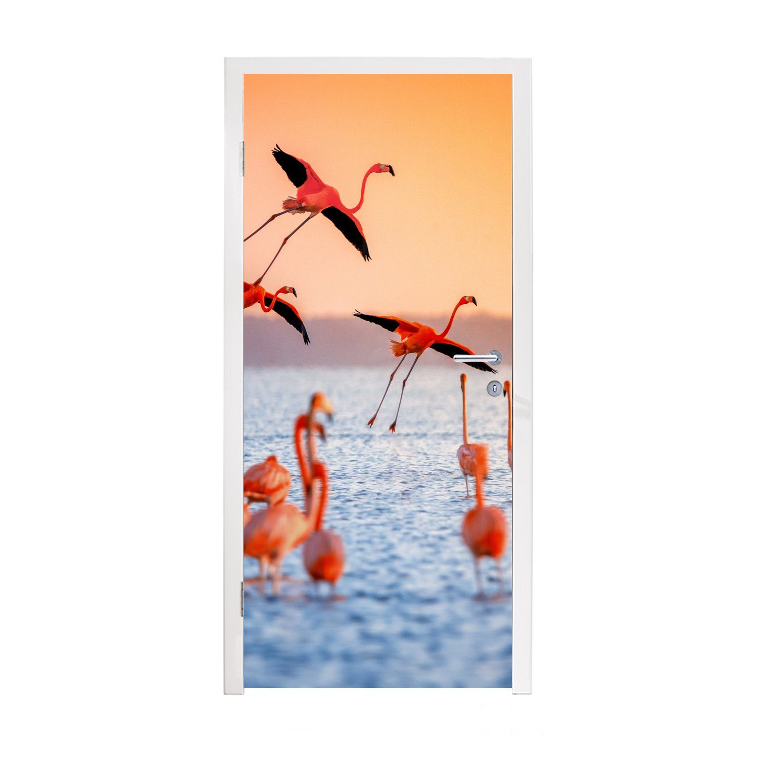 MuchoWow Türtapete Vogel - Flamingo - Wasser - Sonnenuntergang - Rosa, Matt, bedruckt, (1 St), Fototapete für Tür, Türaufkleber, 75x205 cm