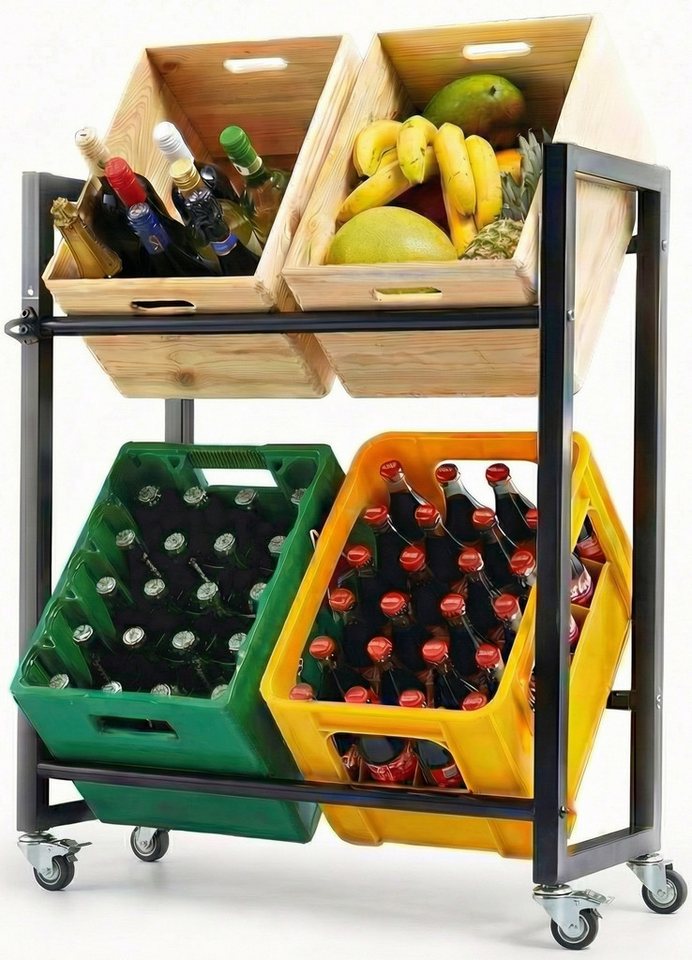 KARASTEIN Regalelement Getränkekistenregal aus Stahl für 4/6 Kisten mit Rollen, Getränkekistenregal aus Stahl für Bier- und Wasserkisten, platzsparend