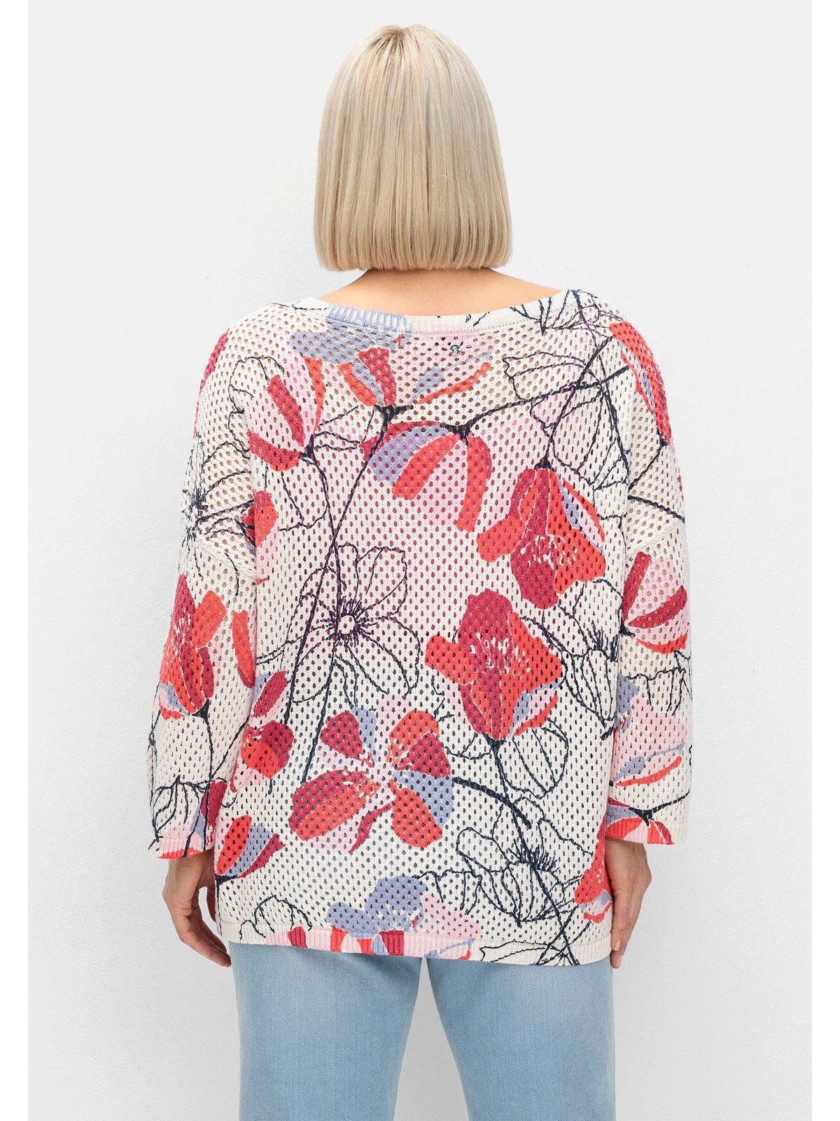 Sheego Rundhalspullover Große Größen im Ajourstrick, mit Blumenmuster