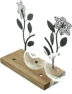 Dekoleidenschaft Dekovase "Flowers" Board aus Holz, 2 Metall Blumen in schwarz, 2 Vasen aus Glas, Dekoboard, Vasenhalter, Blumenvase, Vasenset, Glasvase, Tischdeko