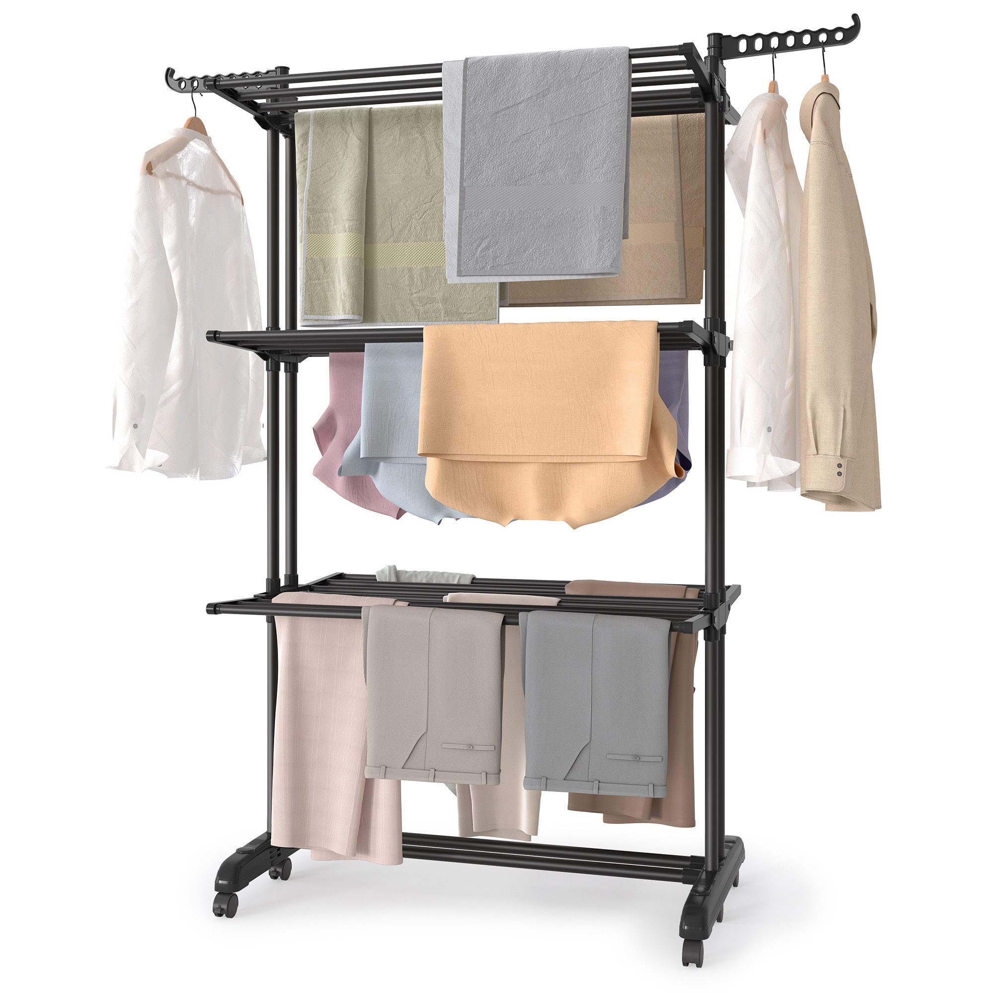 SONGMICS Wäscheständer Turm Standtrockner 4 Ebenen, Flügelwäscheständer, einfacher Aufbau, klappbare Flügel, mit Rollen, 63,5 x 125,5 x 173 cm