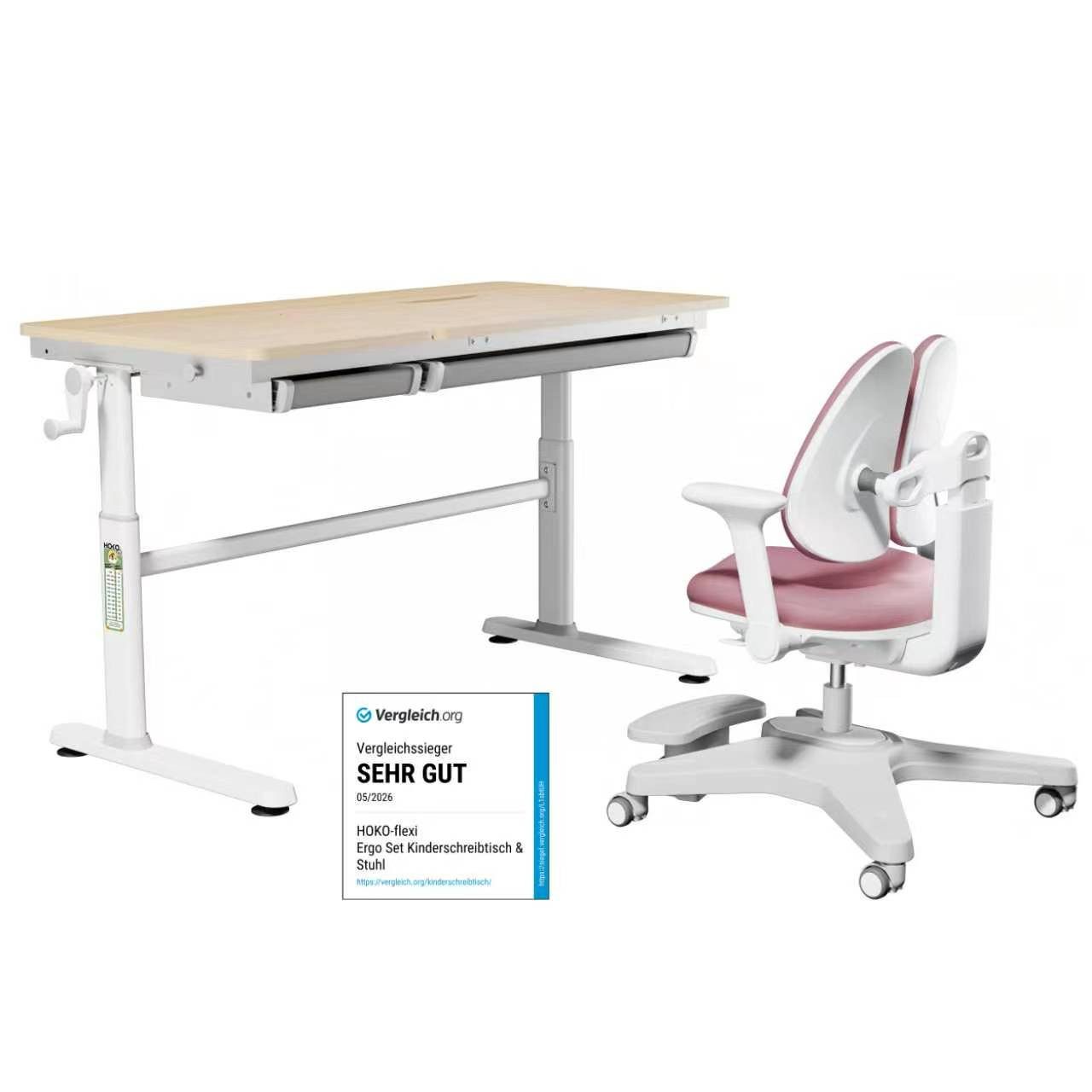 HOKO Kinderschreibtisch höhenverstellbar für Kinderzimmer (Tisch-Stuhl-Set, vielseitig verstellbarer Kinderstuhl, 80x40 cm neigbarer Tischplatte), 120x60 cm Tisch, für Kinder ab 6 Jahren, Holzoptik-Rosa, CELIN & ANKE