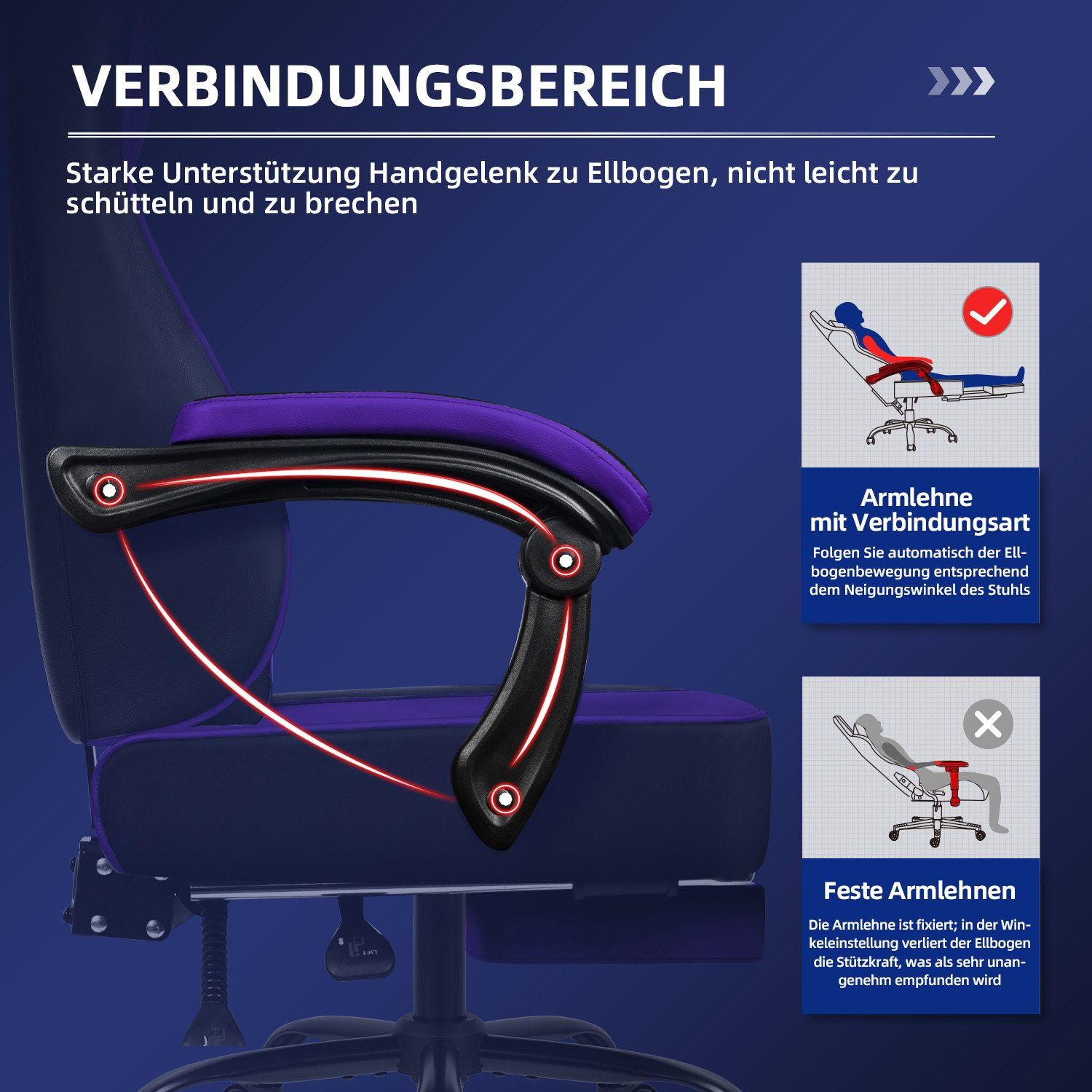 Hiazurm Gaming-Stuhl Gaming Stuhl, Bürostuhl Ergonomisch Wippfunktion bis zu 170° (Gaming Chair mit Fußstütze, 10 cm Höhenverstellung), Verstellbarem Lenden- &  – Bild 3 von 5