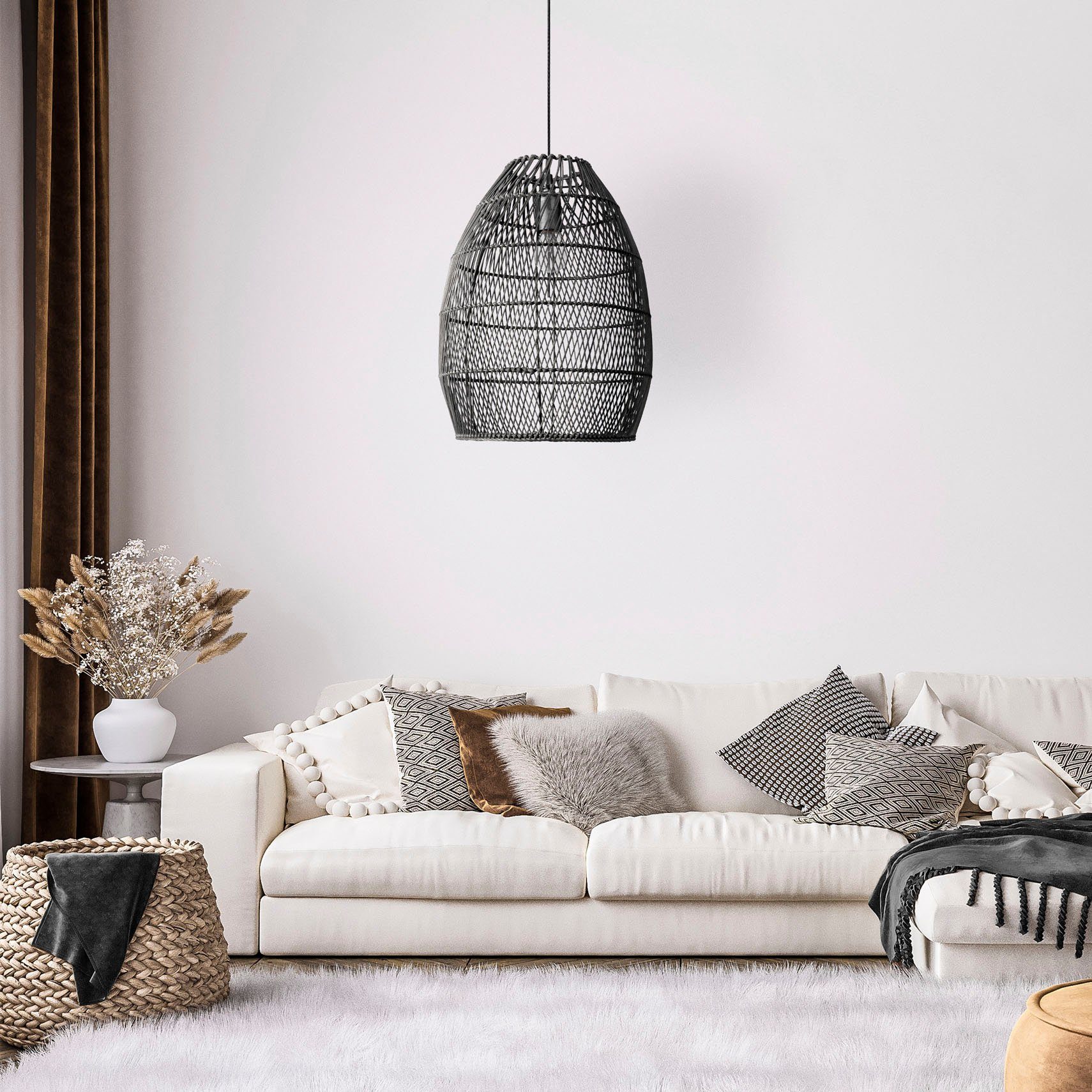 Paco Home Pendelleuchte VIHMA, Rattan Leuchtmittel, Boho Esstischlampe Rustikal LED Korb Pendellampe Natürlich E27 ohne