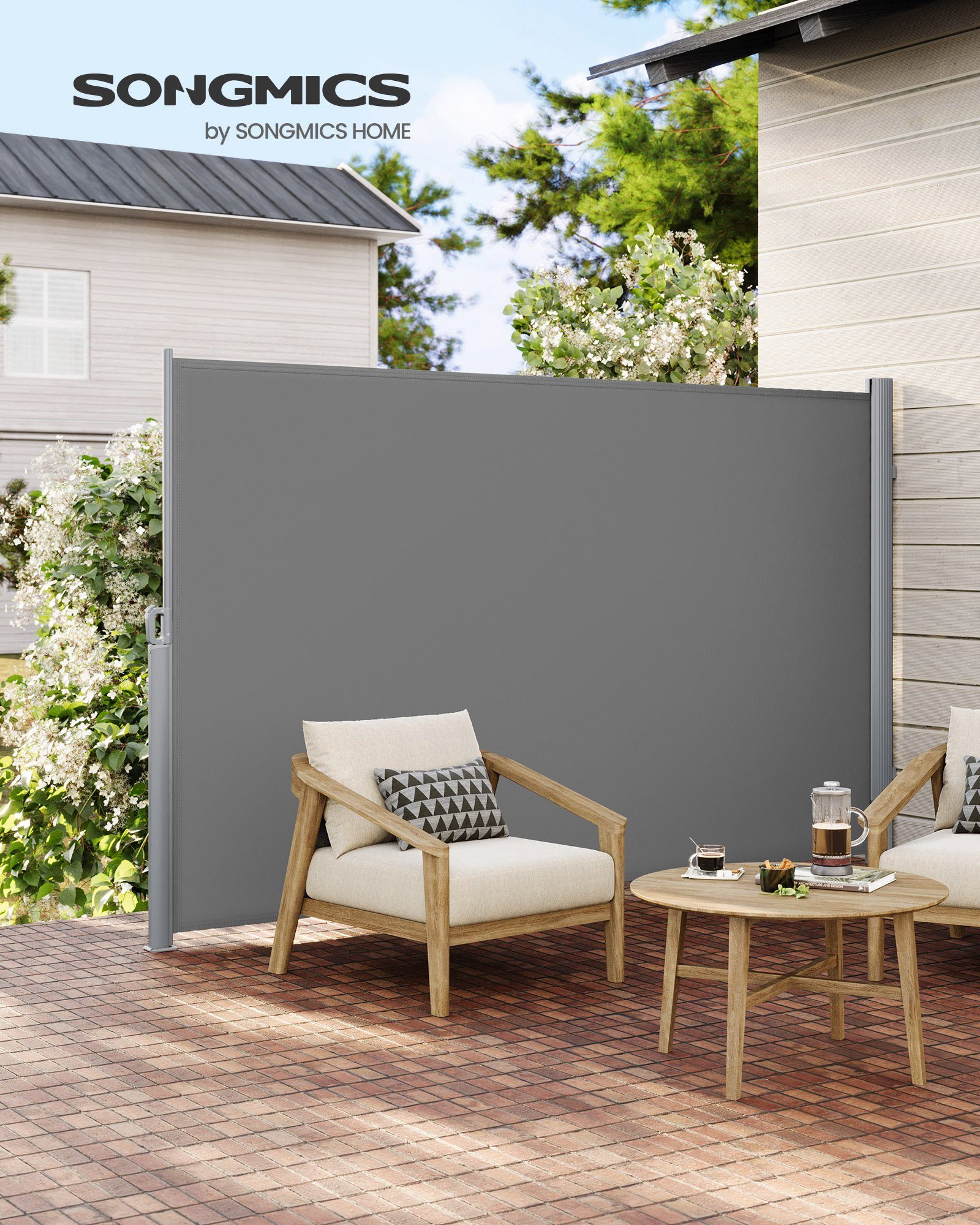 SONGMICS Seitenmarkise ausziehbar, Sichtschutz, balkon terrasse, Windschutz (Sonnenschutz, inkl. Zubehörpaket & Anleitung) Alu,mitgelieferte Bodenhalterung,180  – Bild 3 von 5