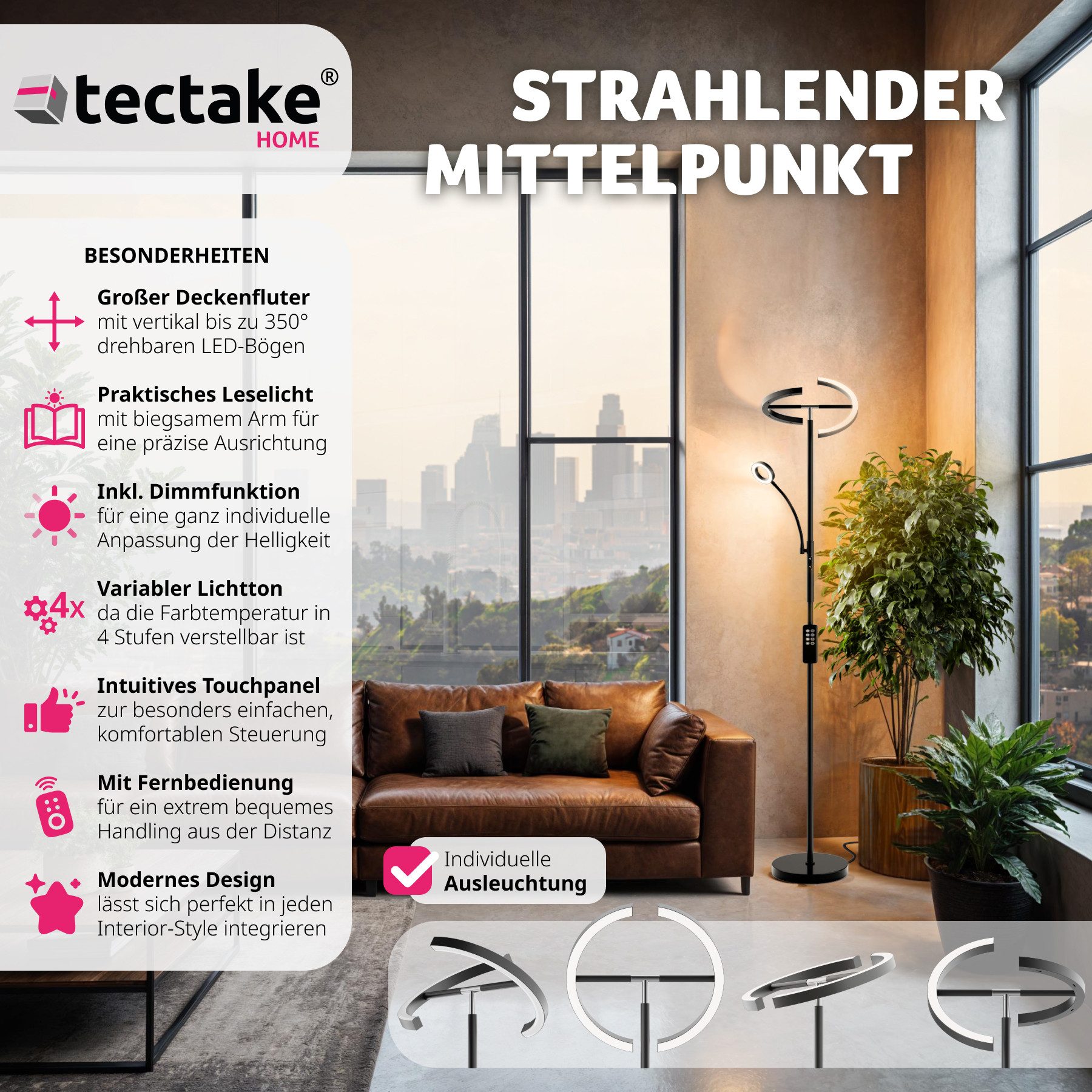 tectake Stehlampe Deckenfluter, LED, Weiß, Moderner günstig online kaufen