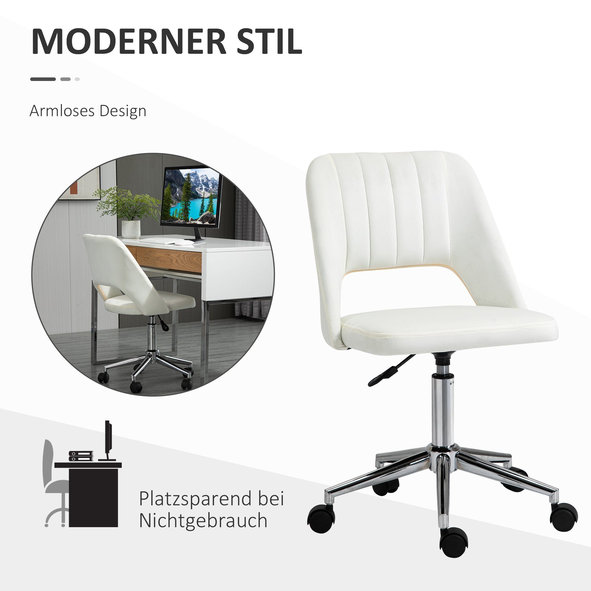 Vinsetto Bürostuhl Höhenverstellbarer Drehstuhl mit Nahtlinien-Design (Schreibtischstuhl, 1 St), Samtartiges Polyester Cremeweiß 49 x 60 x 79-91 cm